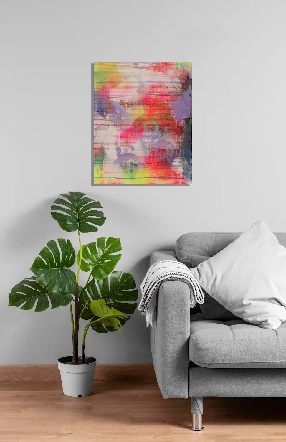 Wandbild für modernes Wohndesign Mini XS klein Gemälde Bild abstrakt neon gelb pink lila weiß Linien Streifen