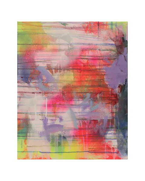Mini XS klein Gemälde Bild abstrakt neon gelb pink lila weiß Linien Streifen