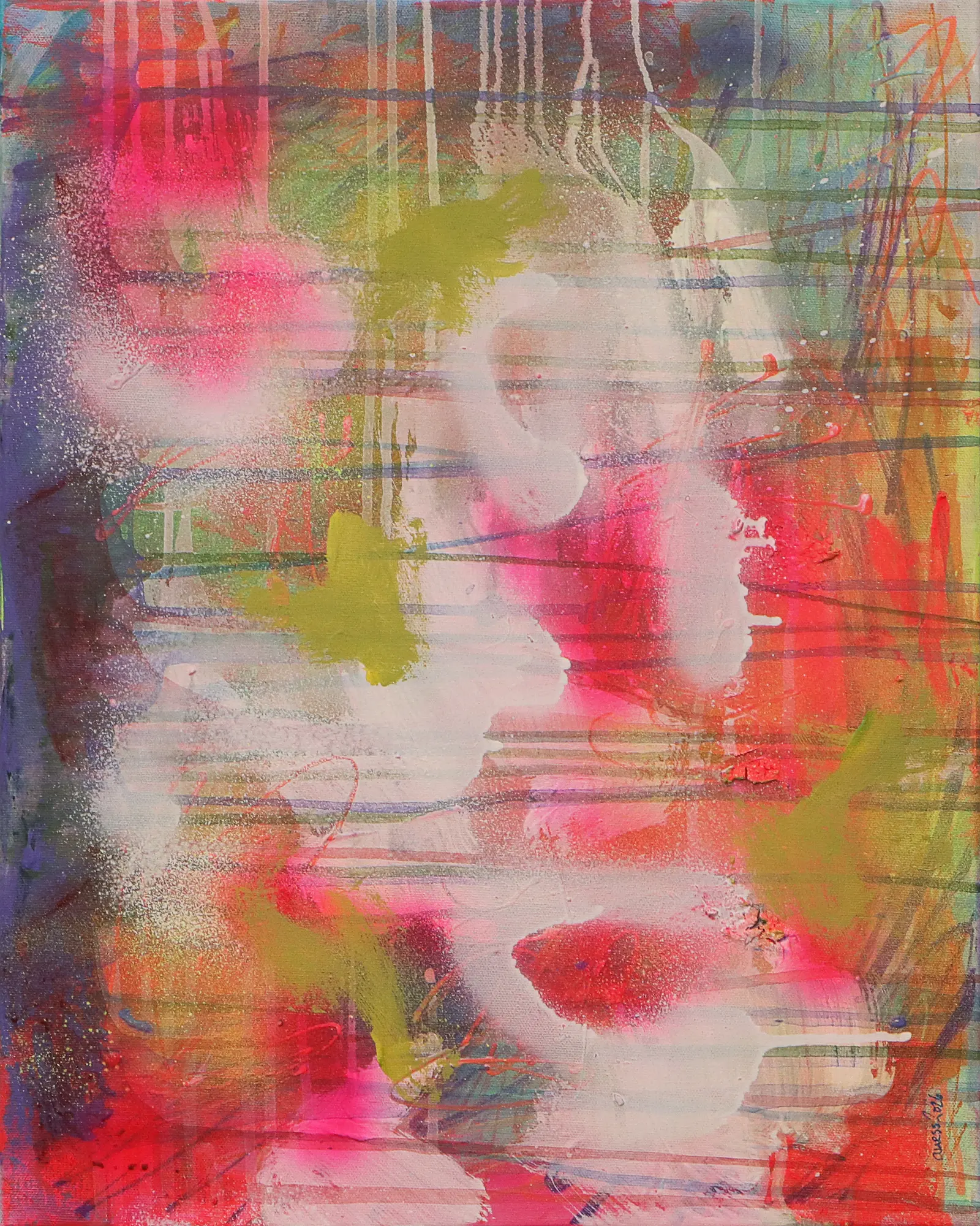 Mini XS klein Gemälde Bild Kunst neon gelb pink orange weiß Linien Streifen