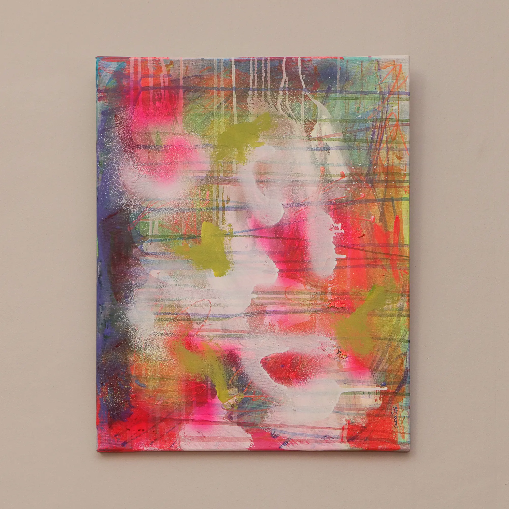 Nahaufnahme Mini XS klein Gemälde Bild Kunst neon gelb pink orange weiß Linien Streifen