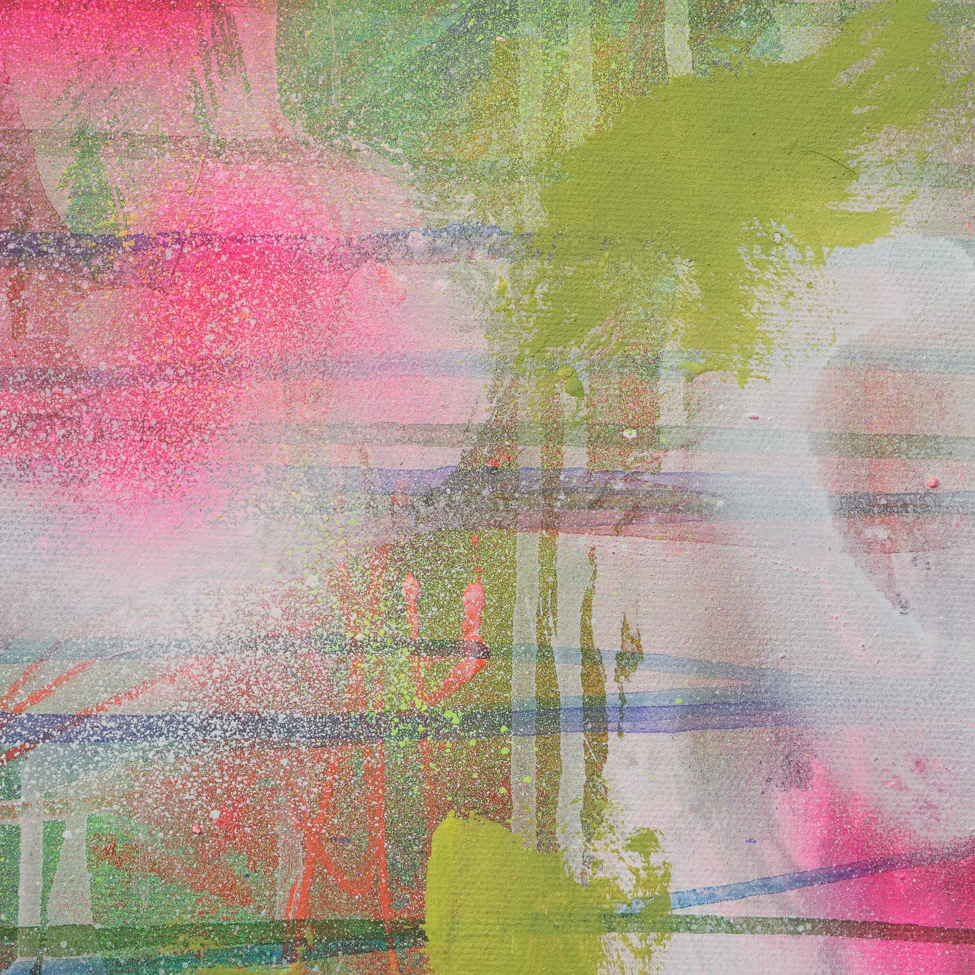 Nahaufnahme Mini XS klein Gemälde Bild Kunst neon gelb pink orange weiß Linien Streifen