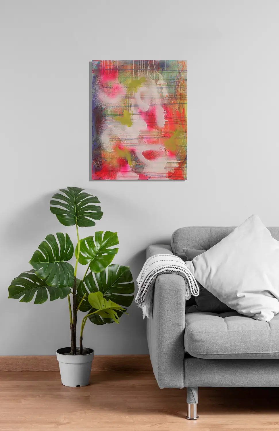 Wandbild für modernes Wohndesign Mini XS klein Gemälde Bild Kunst neon gelb pink orange weiß Linien Streifen
