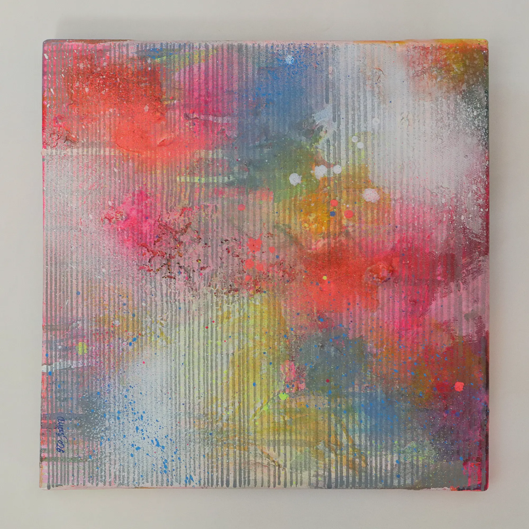 Nahaufnahme kleines Acryl Gemälde Wand Bild Deko Unikat neo pink gelb weiß günstig hype