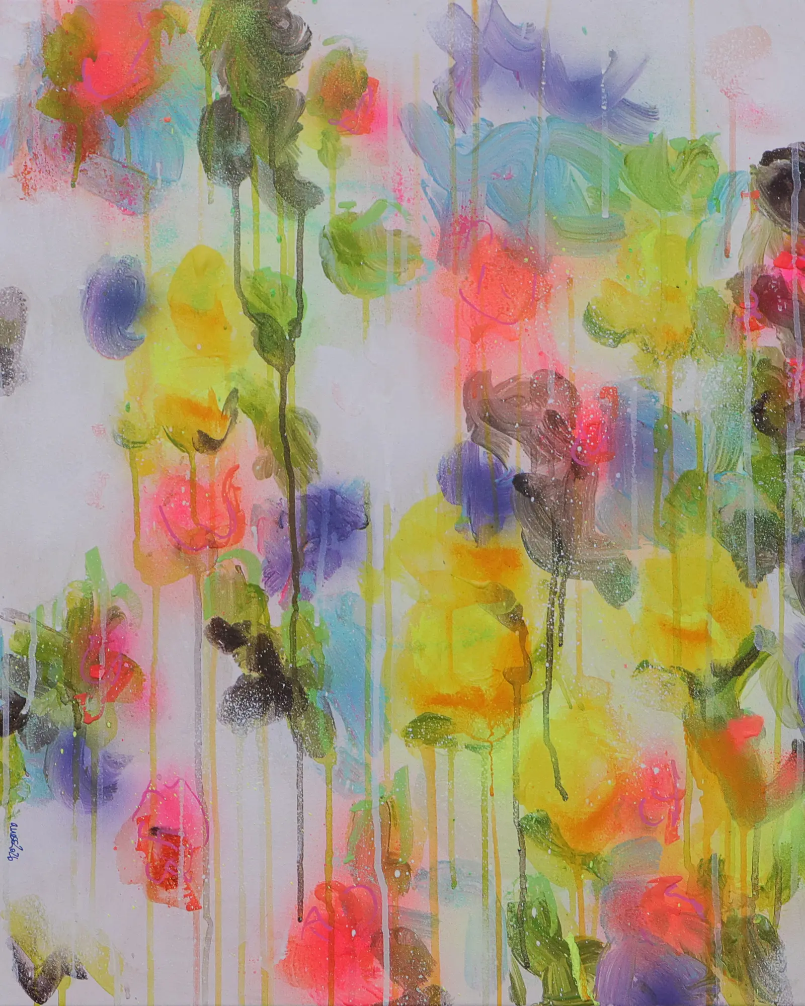 Acryl Gemälde Blumen Garten weiß hell neon rot pink gelb orange Kunst abstrakt