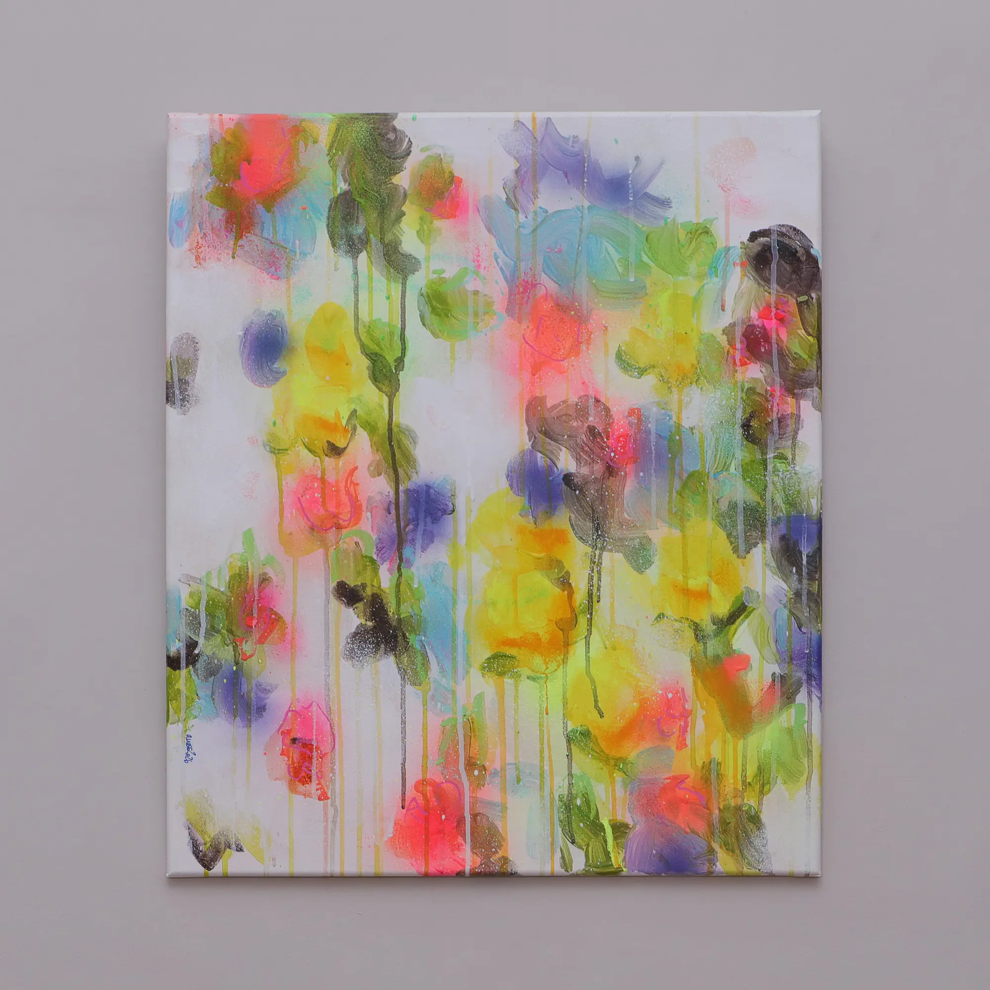 Nahaufnahme Acryl Gemälde Blumen Garten weiß hell neon rot pink gelb orange Kunst abstrakt