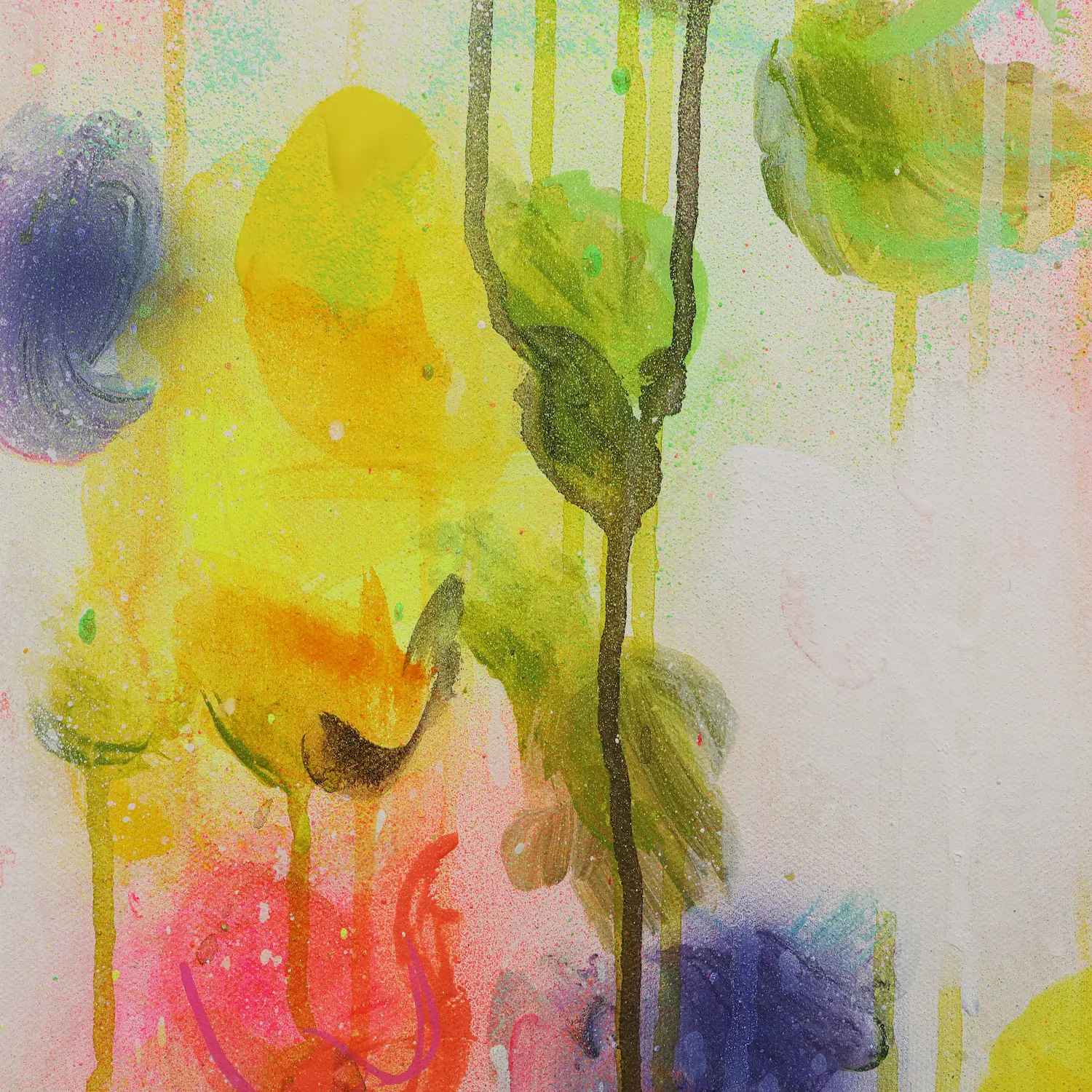 Nahaufnahme Acryl Gemälde Blumen Garten weiß hell neon rot pink gelb orange Kunst abstrakt