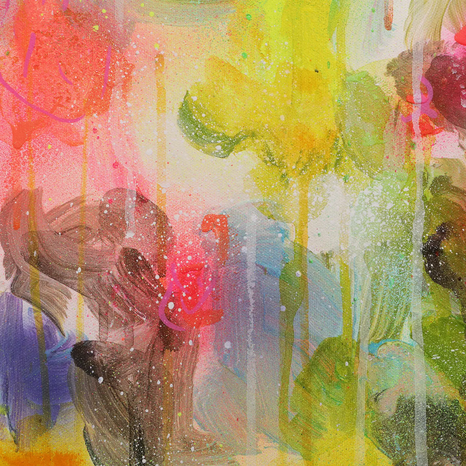 Nahaufnahme Acryl Gemälde Blumen Garten weiß hell neon rot pink gelb orange Kunst abstrakt