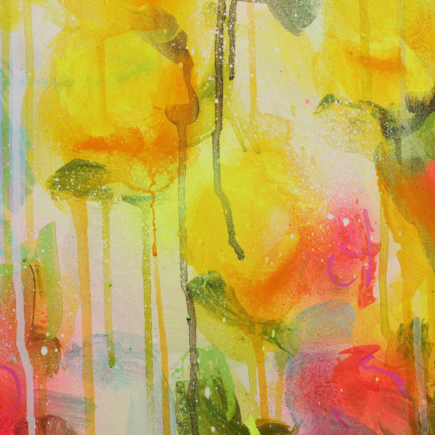 Nahaufnahme Acryl Gemälde Blumen Garten weiß hell neon rot pink gelb orange Kunst abstrakt