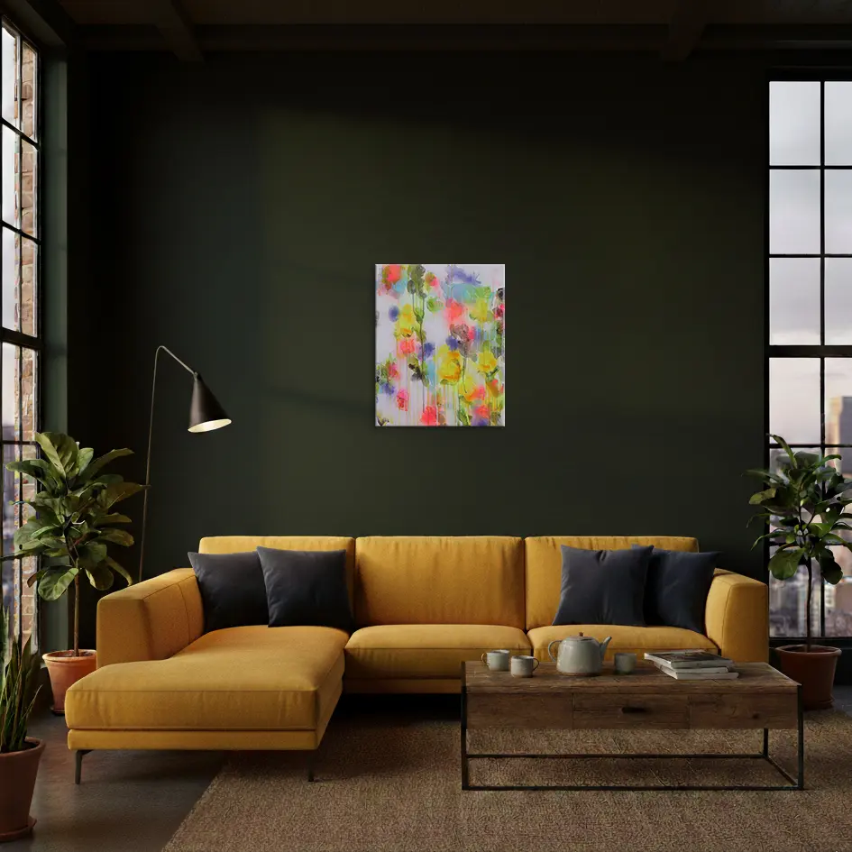 Wandbild für modernes Wohndesign Acryl Gemälde Blumen Garten weiß hell neon rot pink gelb orange Kunst abstrakt