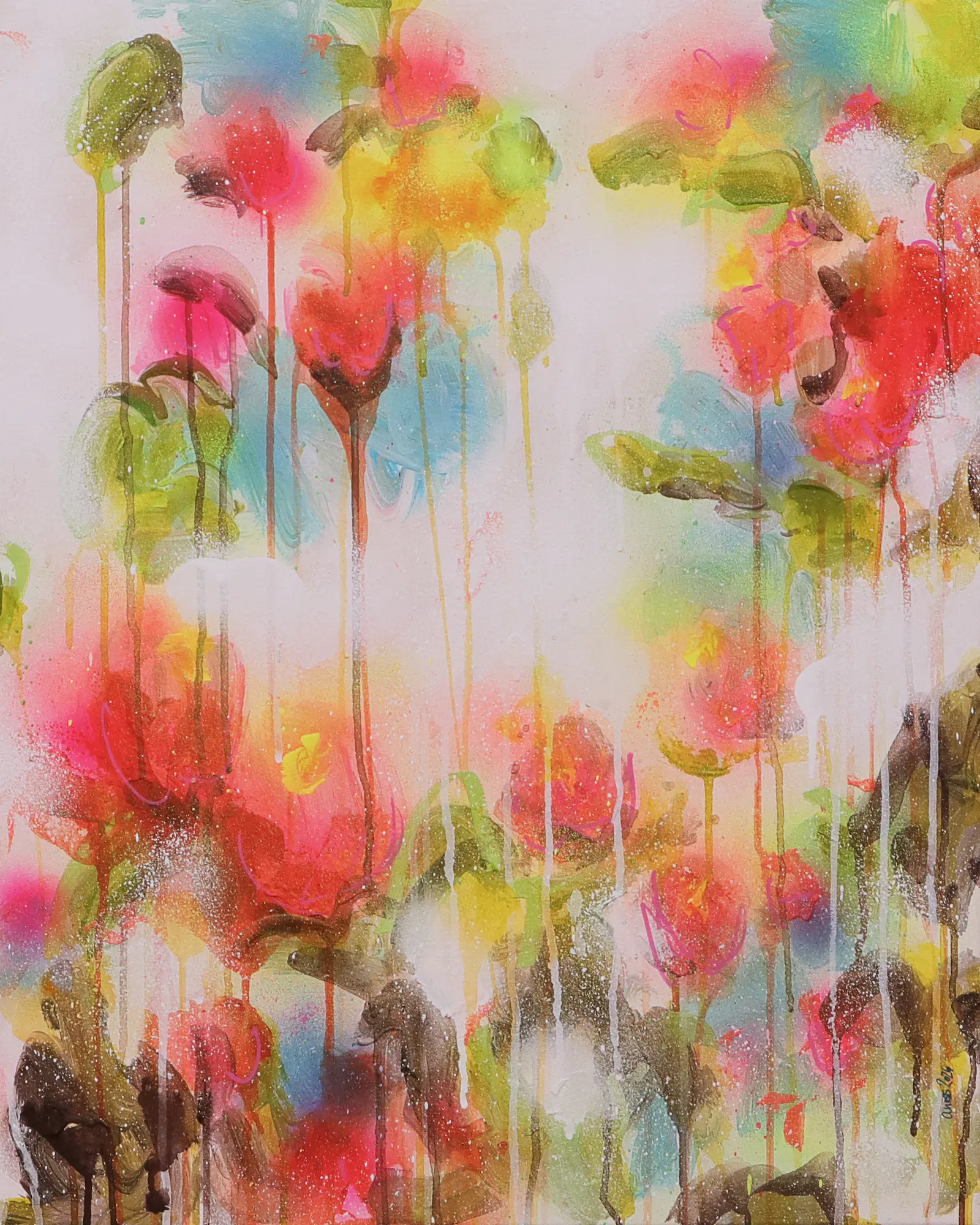 Acryl Gemälde Blumen Garten weiß hell neon rot pink gelb orange Kunst abstrakt