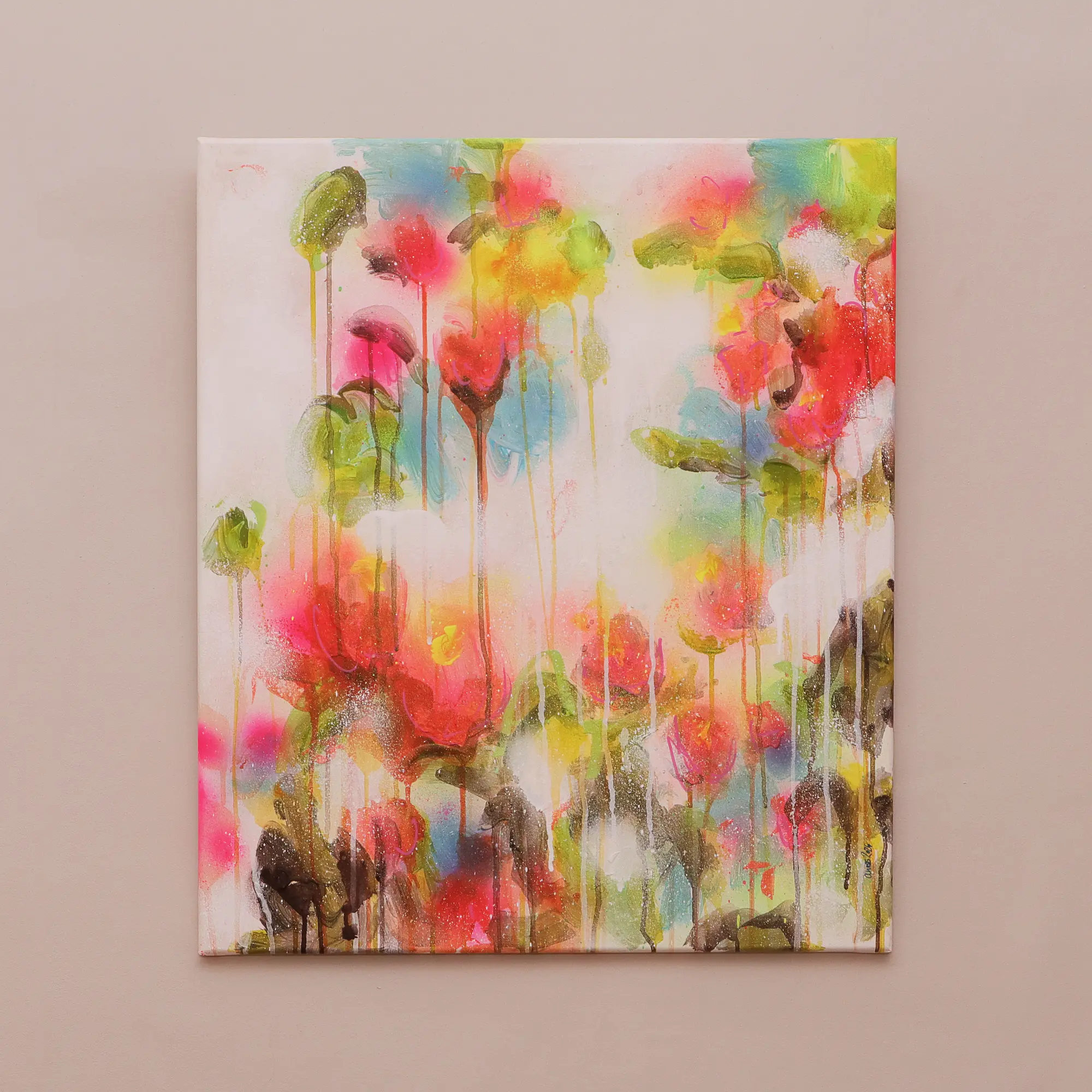 Nahaufnahme Acryl Gemälde Blumen Garten weiß hell neon rot pink gelb orange Kunst abstrakt