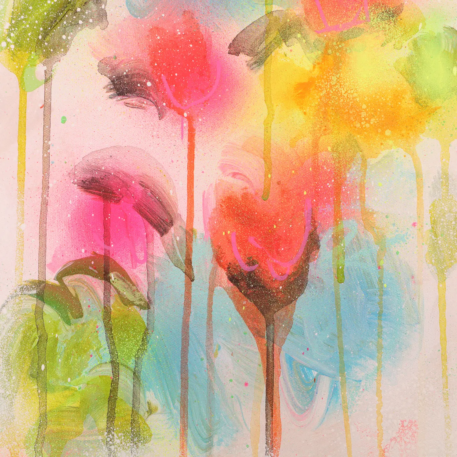 Nahaufnahme Acryl Gemälde Blumen Garten weiß hell neon rot pink gelb orange Kunst abstrakt