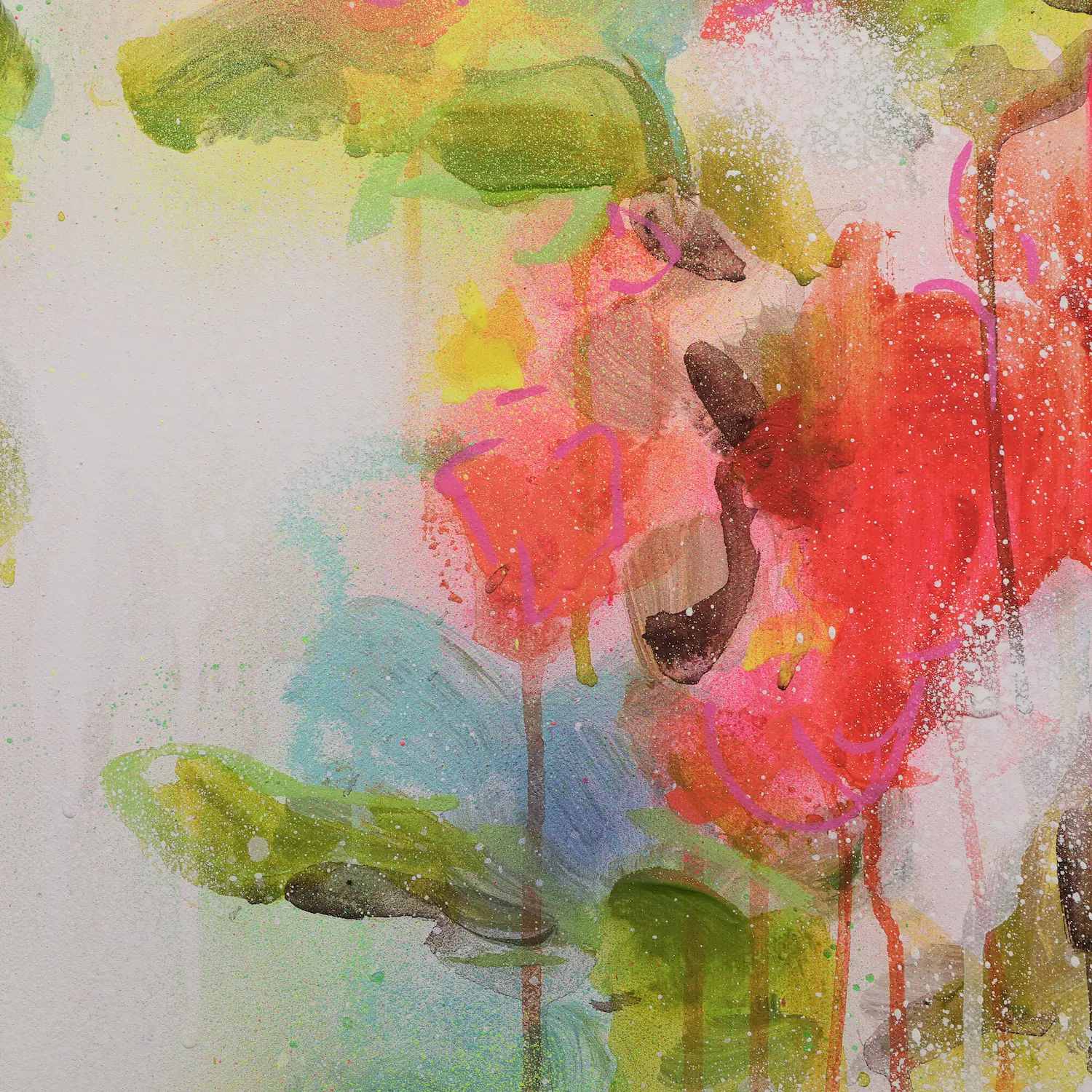 Nahaufnahme Acryl Gemälde Blumen Garten weiß hell neon rot pink gelb orange Kunst abstrakt