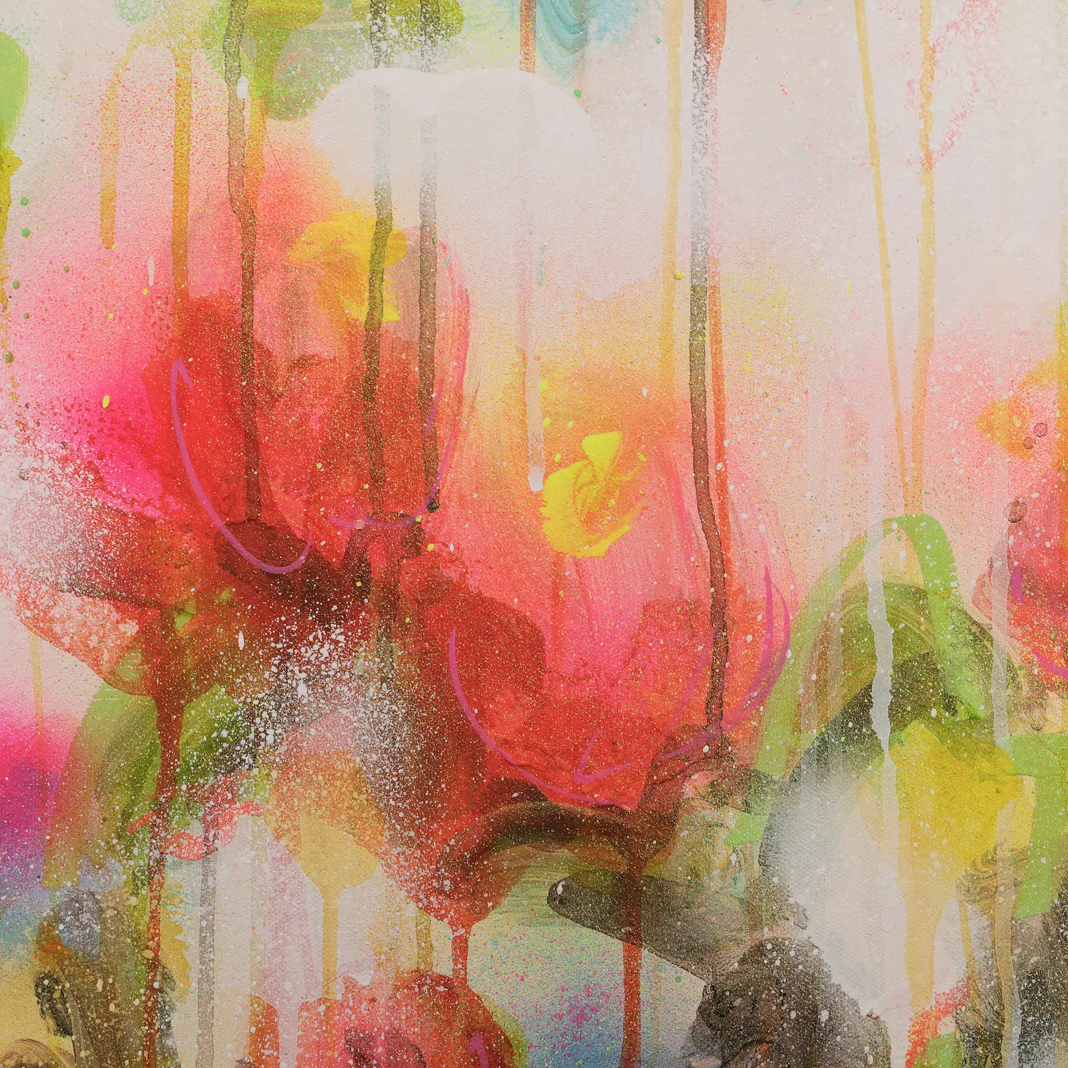 Nahaufnahme Acryl Gemälde Blumen Garten weiß hell neon rot pink gelb orange Kunst abstrakt