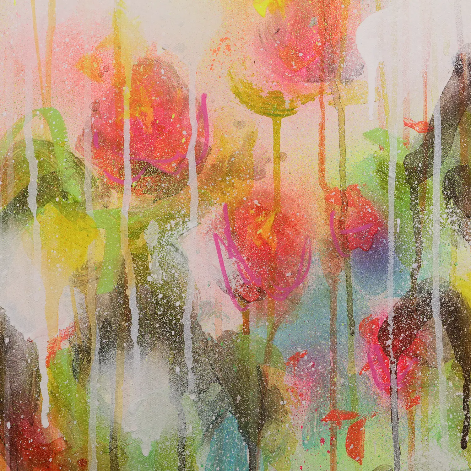 Nahaufnahme Acryl Gemälde Blumen Garten weiß hell neon rot pink gelb orange Kunst abstrakt