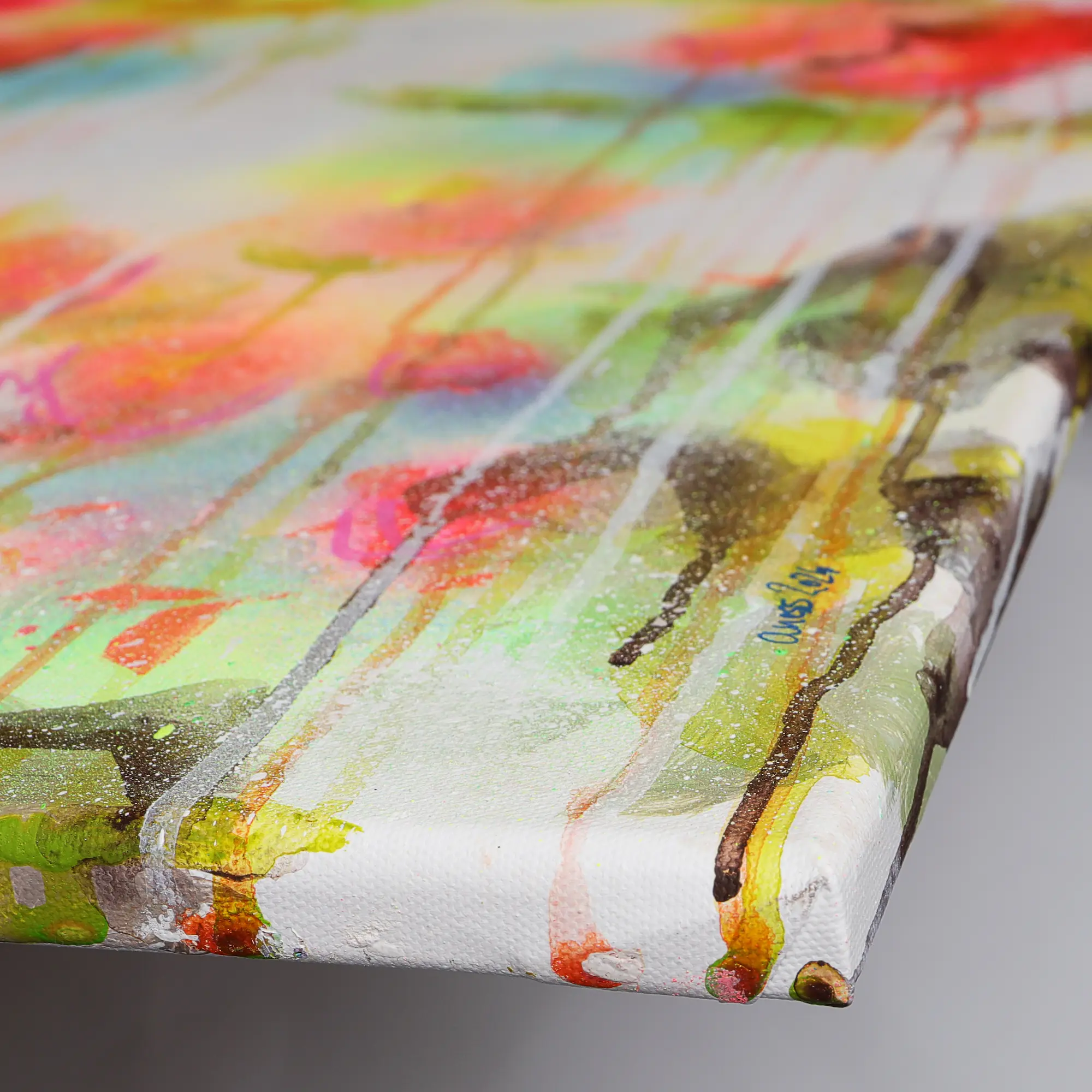Nahaufnahme Acryl Gemälde Blumen Garten weiß hell neon rot pink gelb orange Kunst abstrakt