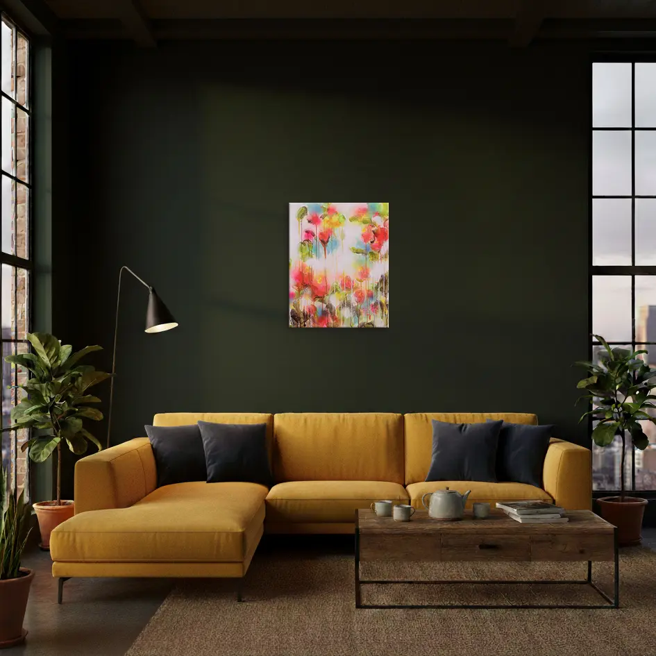Wandbild für modernes Wohndesign Acryl Gemälde Blumen Garten weiß hell neon rot pink gelb orange Kunst abstrakt