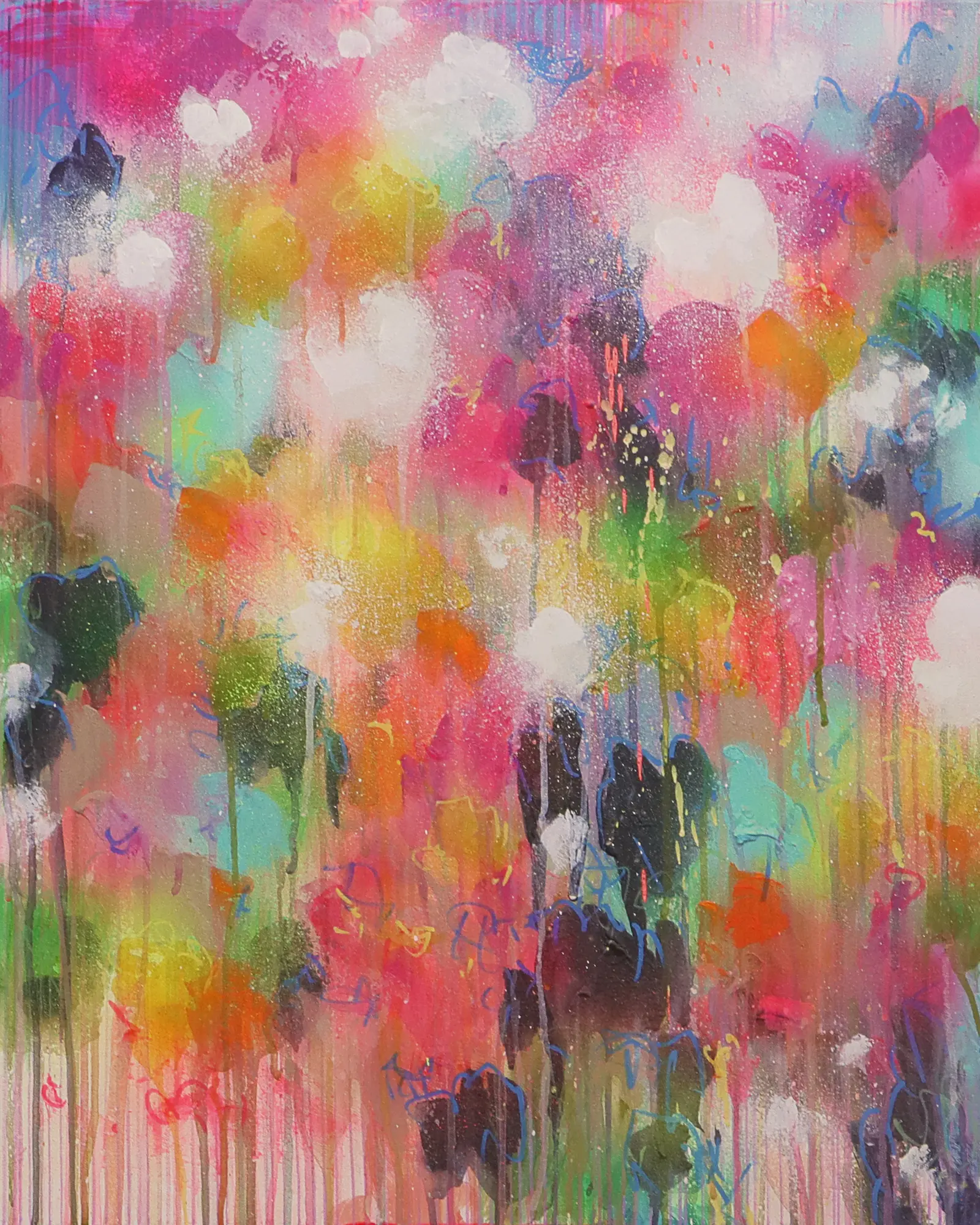 Acryl Gemälde Blumen Garten rosa hell neon rot pink gelb orange Kunst abstrakt