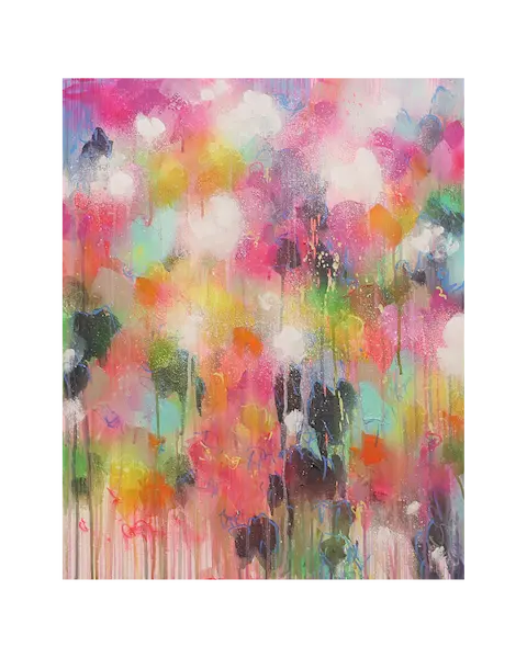 Acryl Gemälde Blumen Garten rosa hell neon rot pink gelb orange Kunst abstrakt