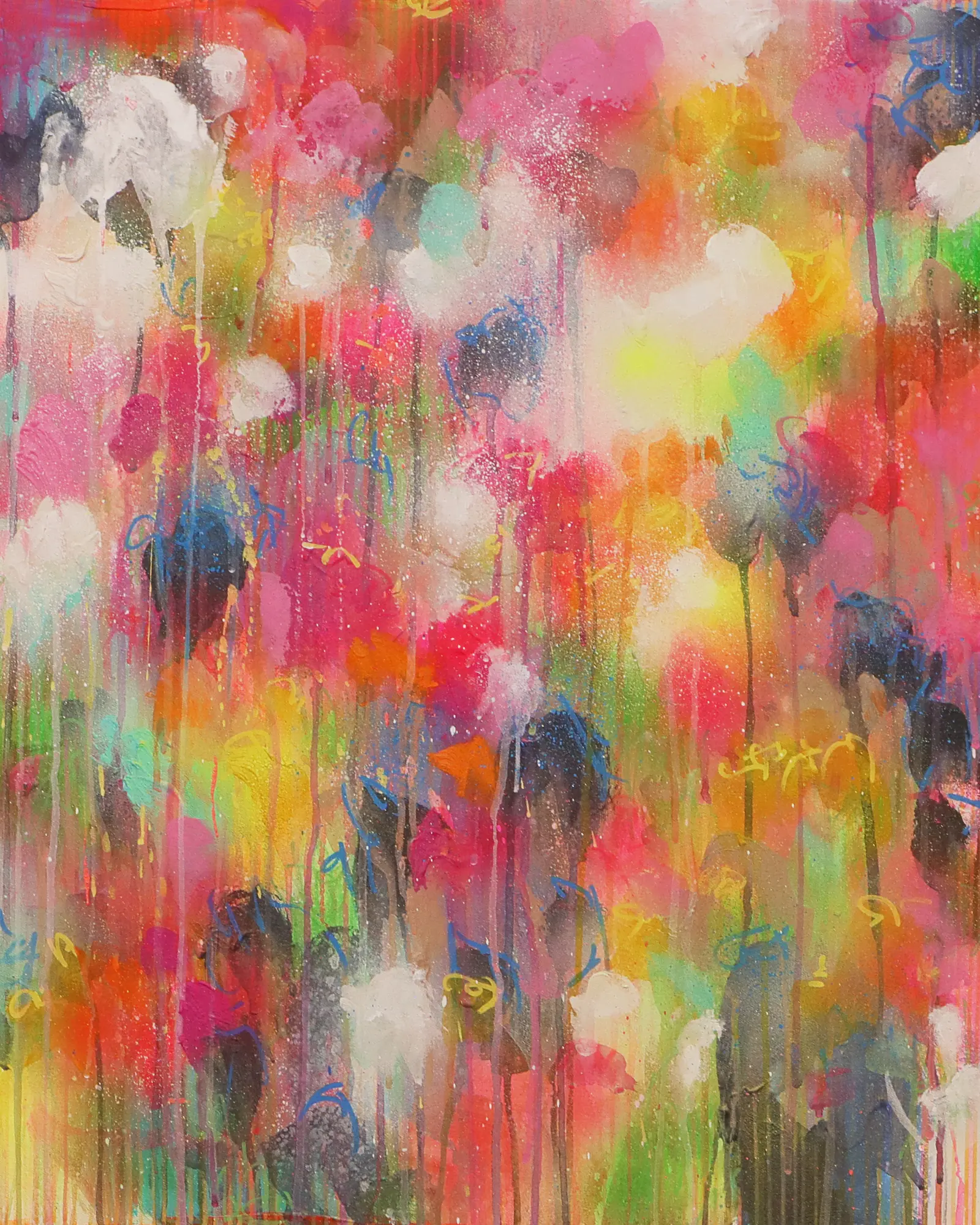 Acryl Gemälde Blumen Garten rosa hell neon rot pink gelb orange Kunst abstrakt