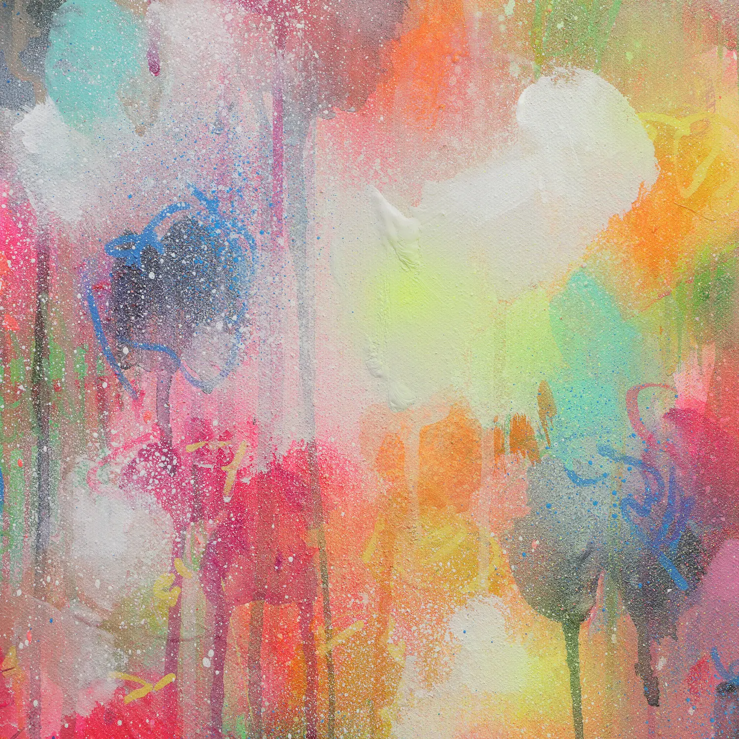 Nahaufnahme Acryl Gemälde Blumen Garten rosa hell neon rot pink gelb orange Kunst abstrakt