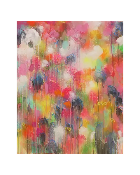 Acryl Gemälde Blumen Garten rosa hell neon rot pink gelb orange Kunst abstrakt