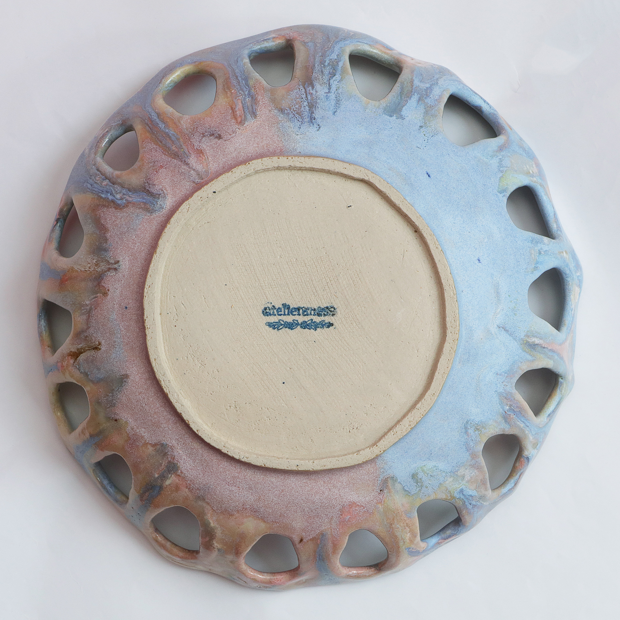 Detail XL Deko Obst Schale abstrakt pastell gelb rosa blau Dreieck Keramik Kunst Loft