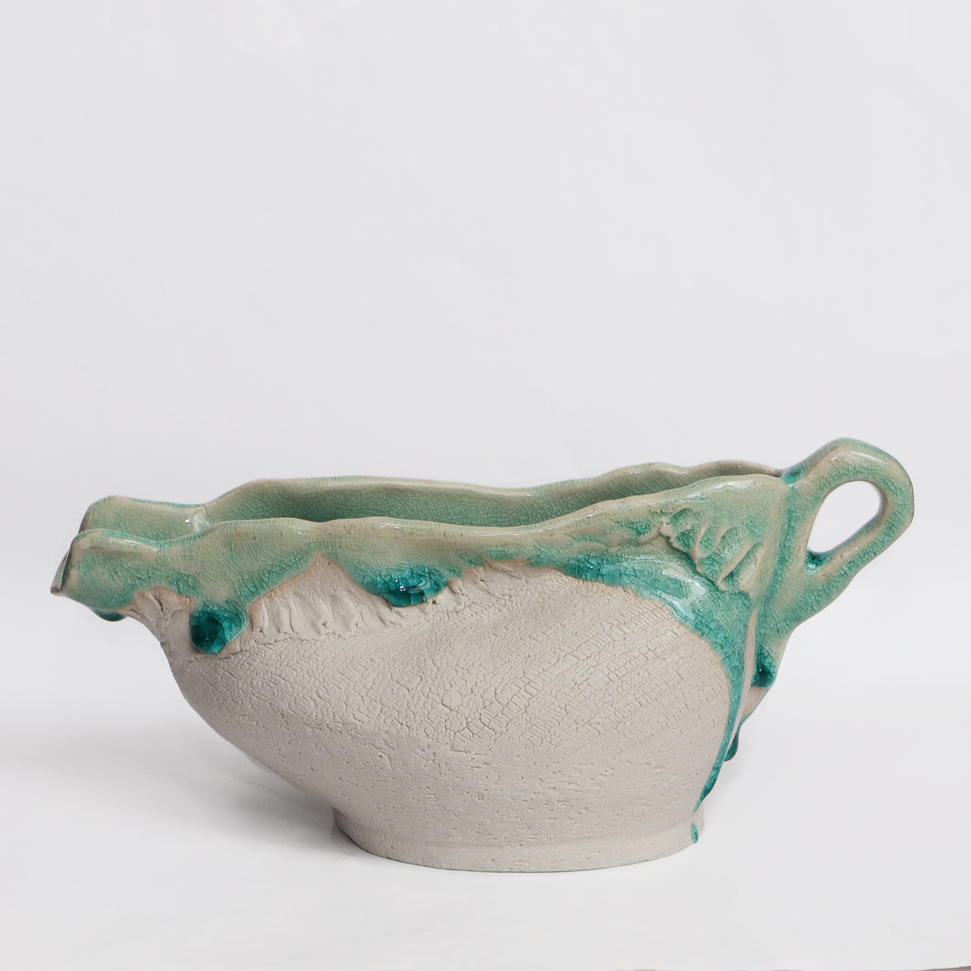 Detail Keramik Tee Kanne Blumen Vase weiss tuerkis craquelee abstrakt Kunst Deko Art