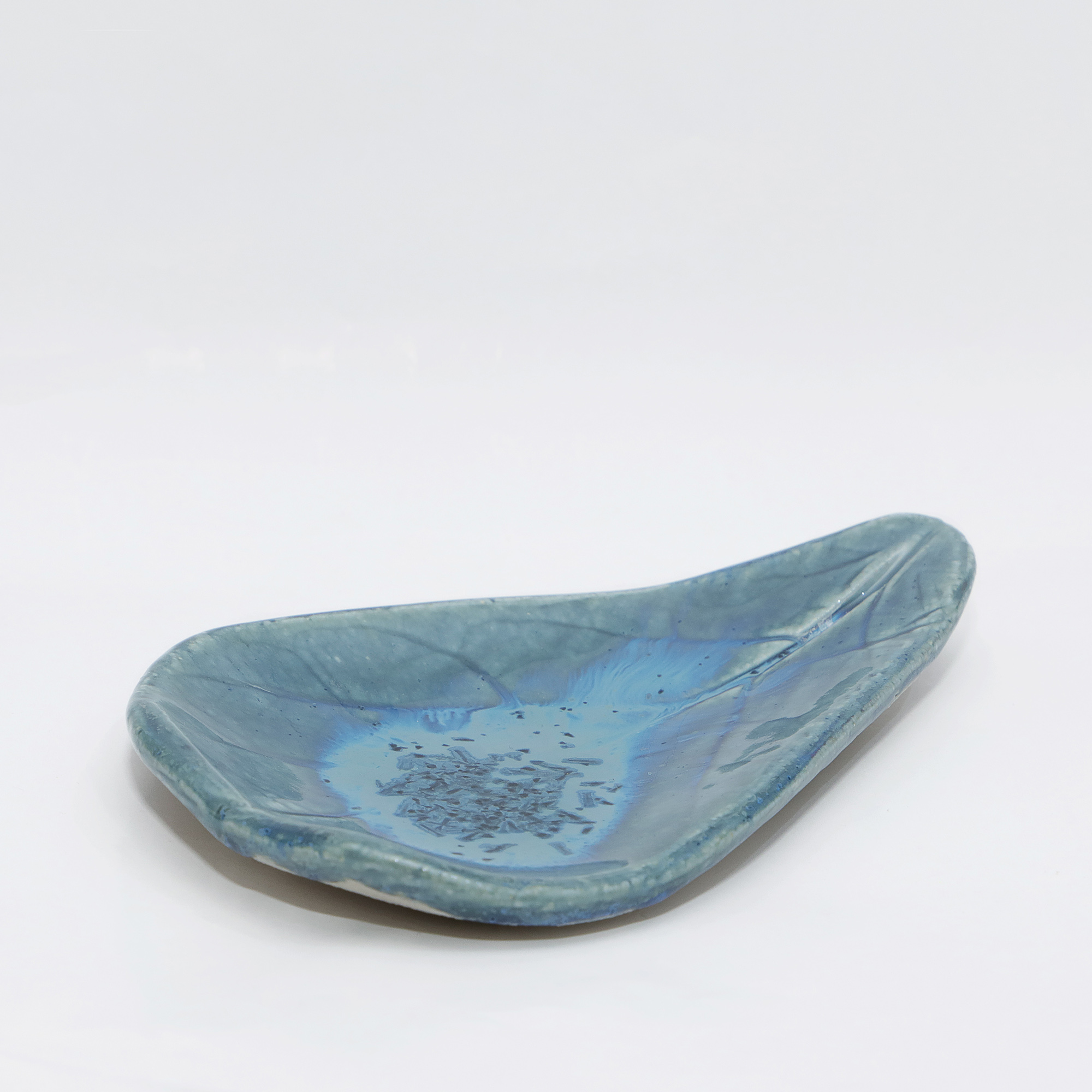 XS Mini Schmuck Deko Schale Blatt blau Kristalle Keramik Geschirr Unikat Kunst