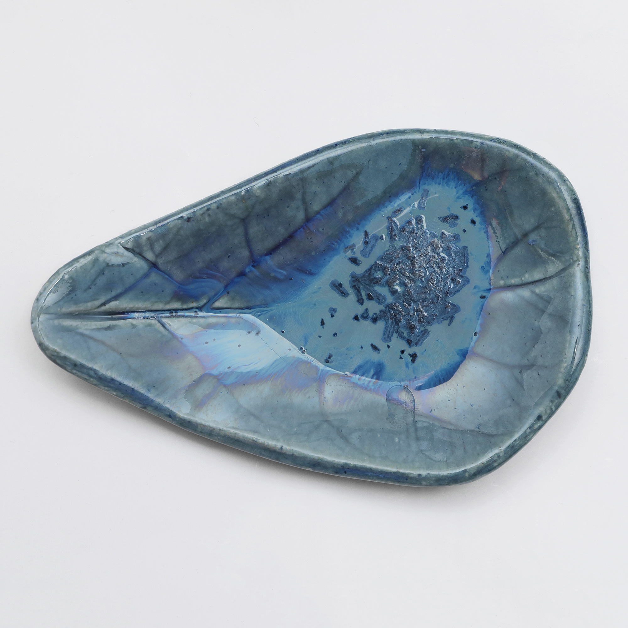 Detail XS Mini Schmuck Deko Schale Blatt blau Kristalle Keramik Geschirr Unikat Kunst