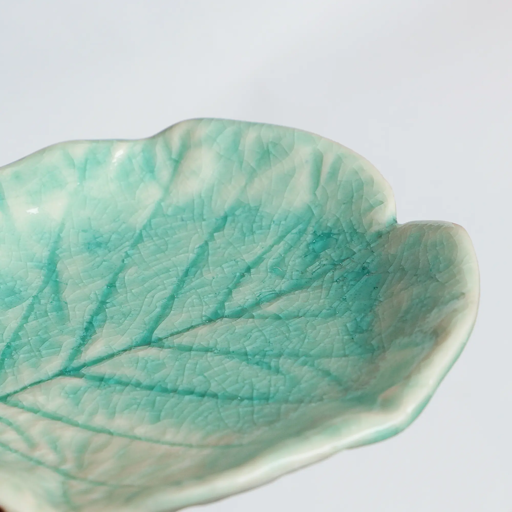 Nahaufnahme kleines Deko Blatt Schale Schmuck Seife türkis Weichporzellan Einzelstück Art