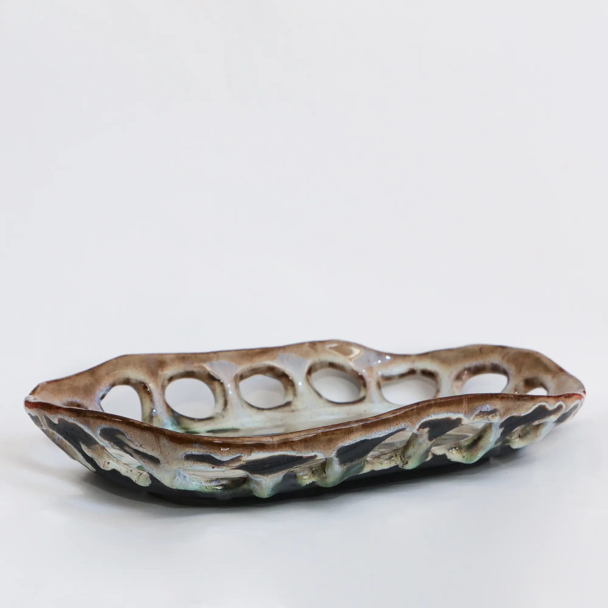 Große Künstler Obst Deko Schale Keramik schwarz Steinzeug oval abstrakt beige