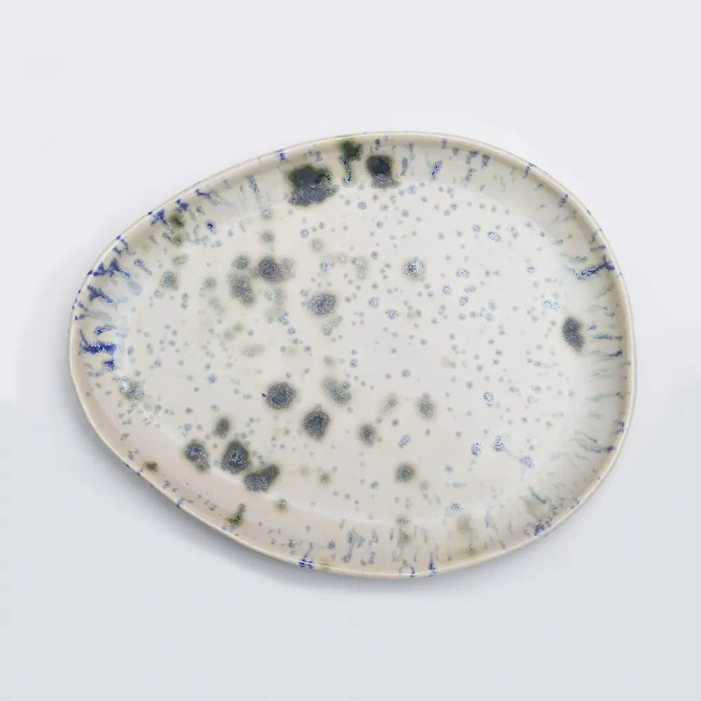 Nahaufnahme Große flache ovale Deko Schale Obst Weichporzellan Kunst Punkte Glasur creme