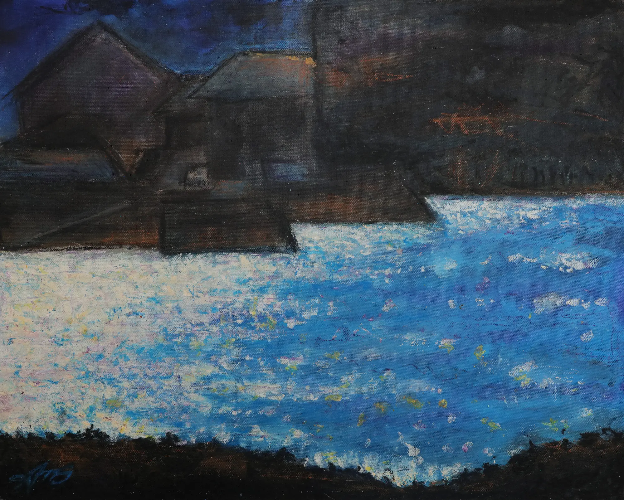 Gemälde Hafen Nacht Schatten Häuser Haus schwarz blau England Frankreich Abend