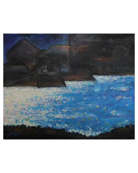 Gemälde Hafen Nacht Schatten Häuser Haus schwarz blau England Frankreich Abend