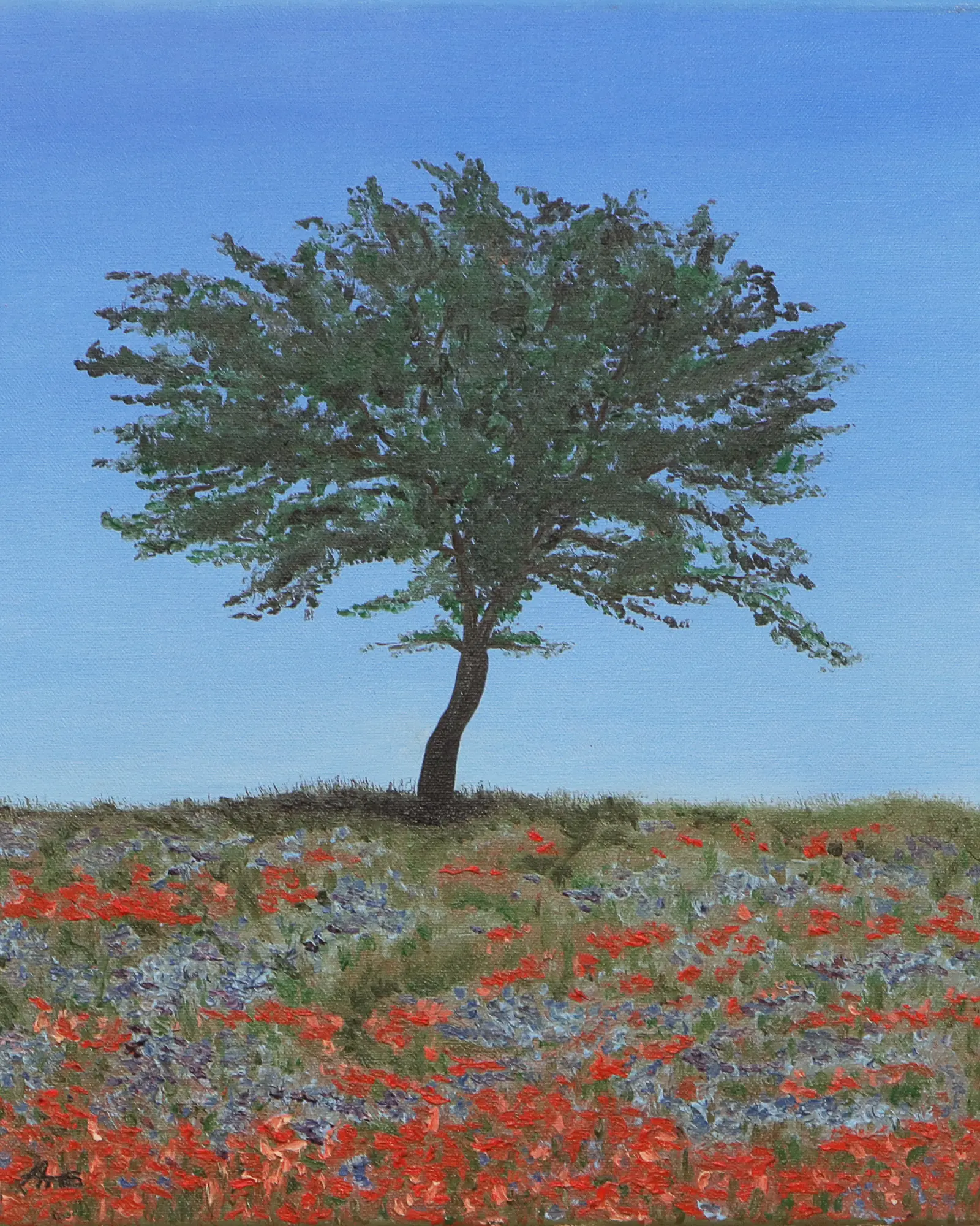klein echt Öl Gemälde Bild Landschaft Baum Wiese Feld blau rot Mohn Acker