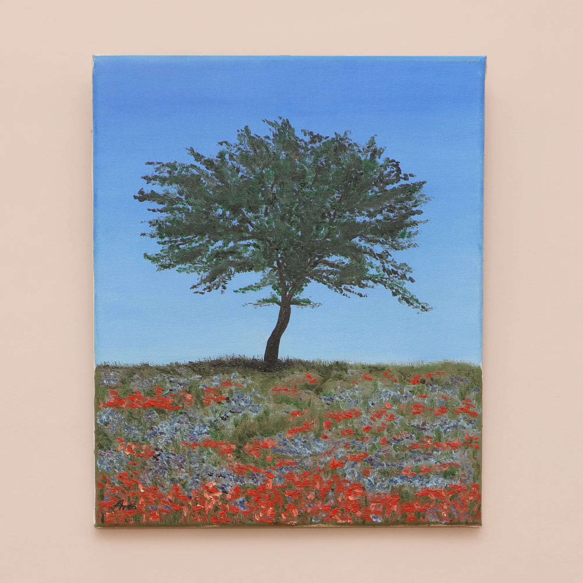 Nahaufnahme klein echt Öl Gemälde Bild Landschaft Baum Wiese Feld blau rot Mohn Acker