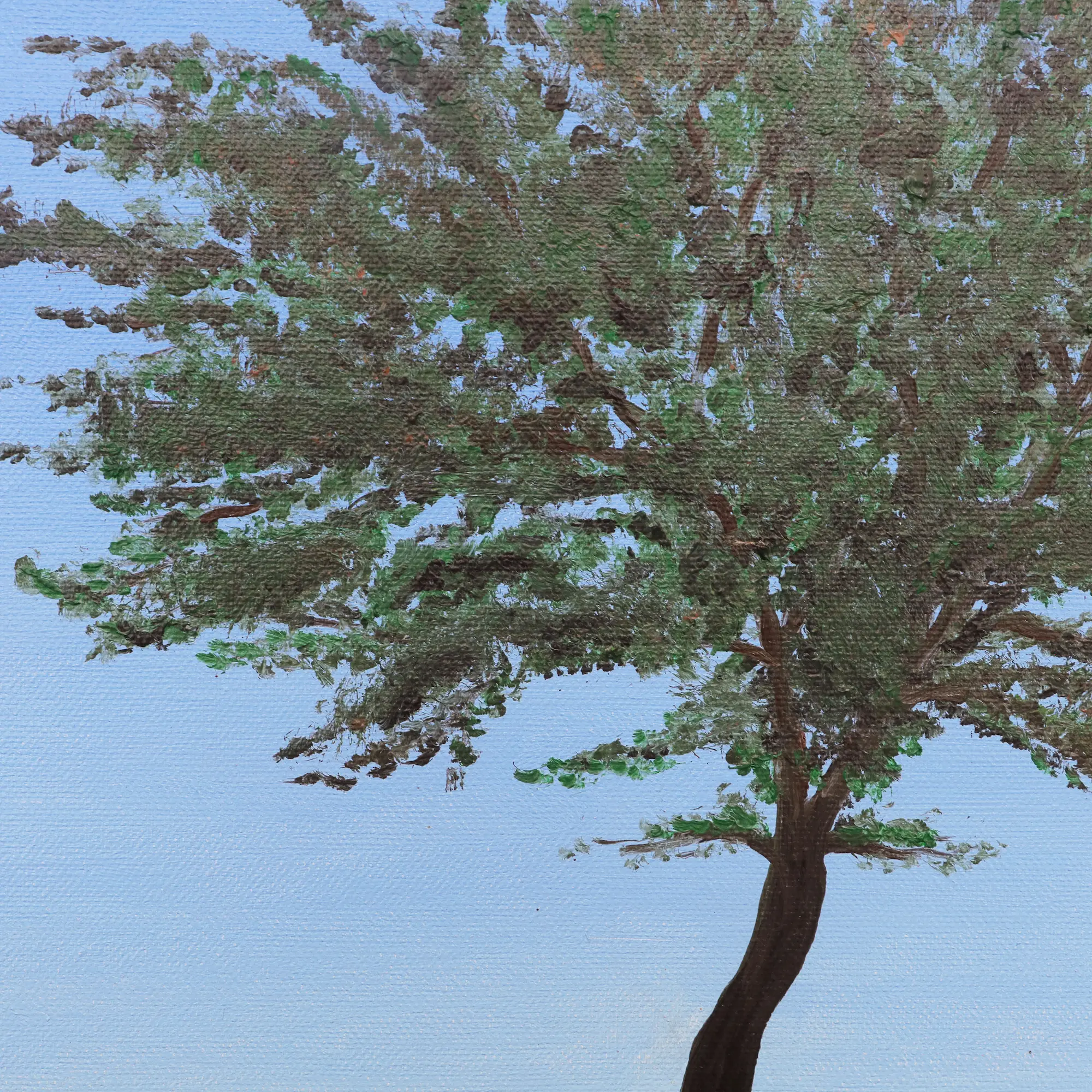 Nahaufnahme klein echt Öl Gemälde Bild Landschaft Baum Wiese Feld blau rot Mohn Acker