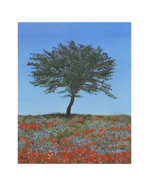 klein echt Öl Gemälde Bild Landschaft Baum Wiese Feld blau rot Mohn Acker