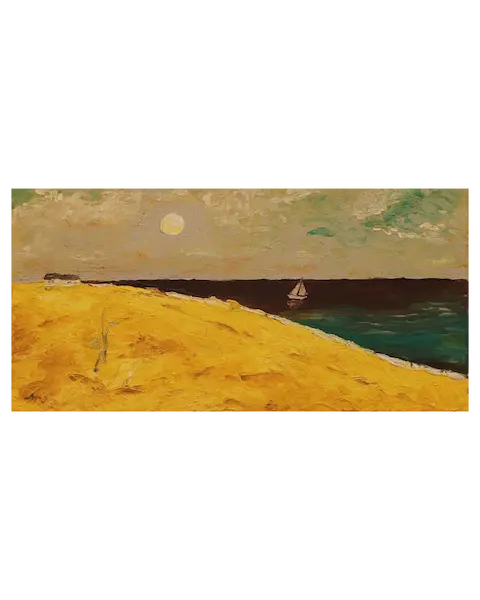 echtes Öl Gemälde Bild Landschaft Meer Segelboot gelb braun türkis Strand