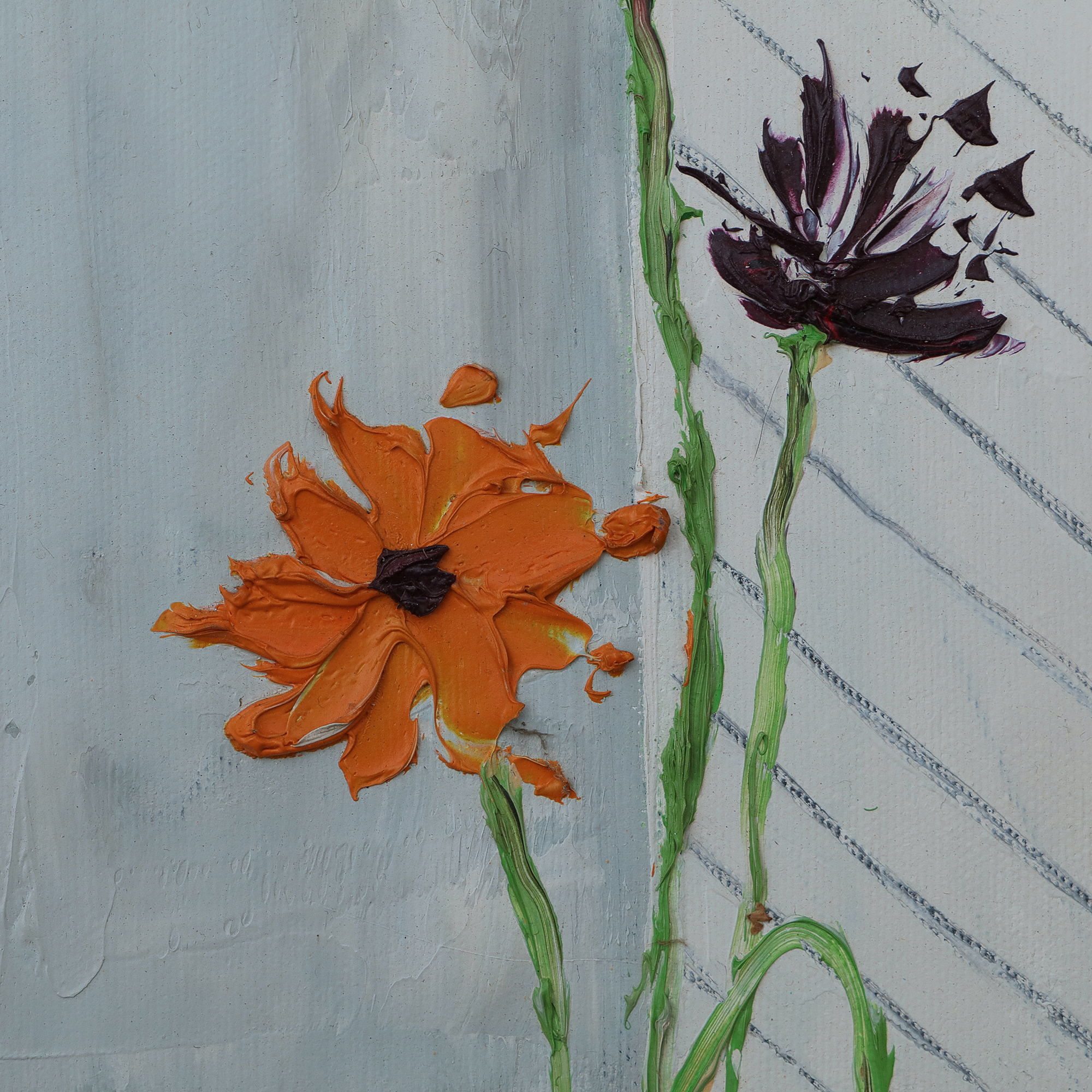 Detail Gemaelde schmal weiss Blumen pastos Mohn grau beige Linien Striche Unikat echt