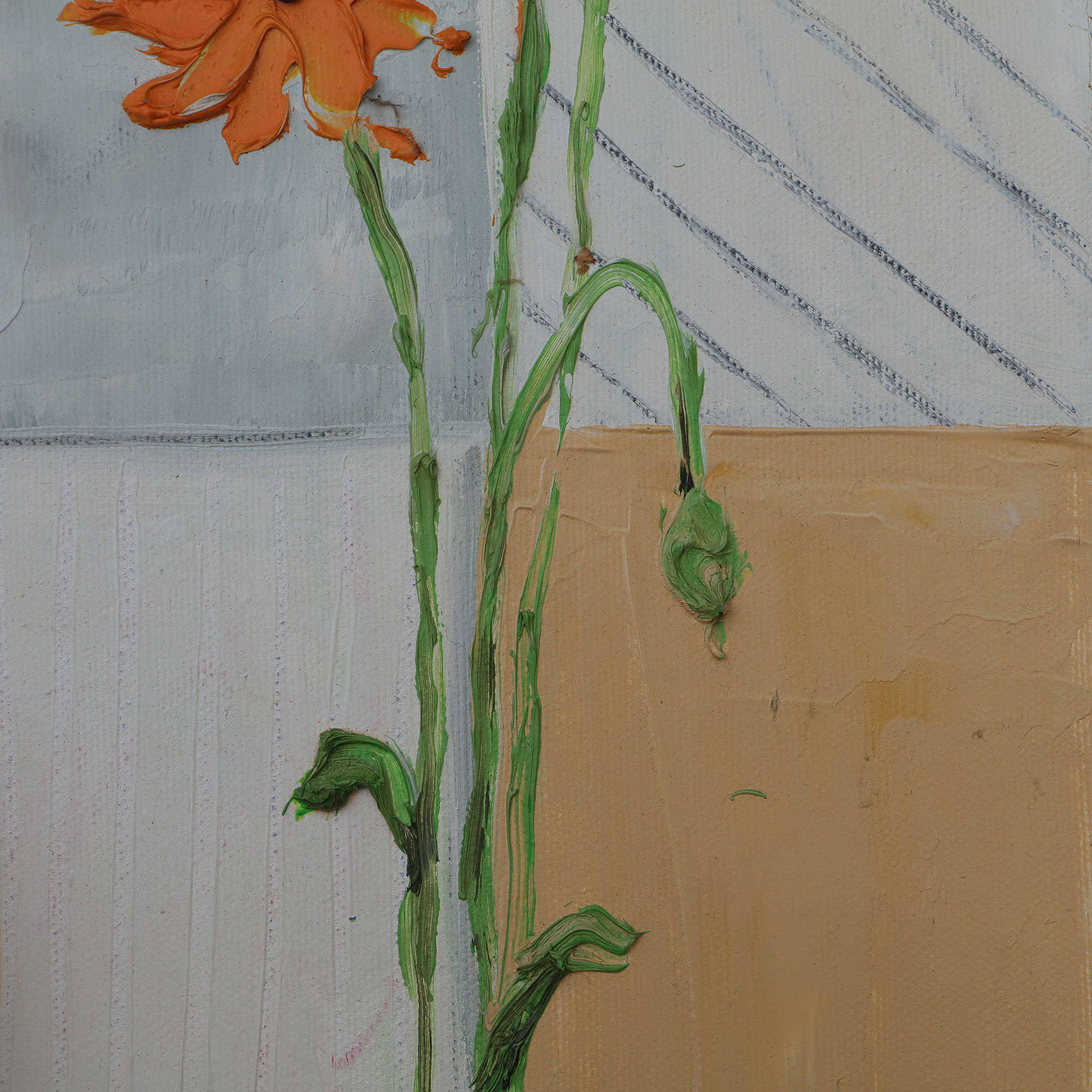 Detail Gemaelde schmal weiss Blumen pastos Mohn grau beige Linien Striche Unikat echt