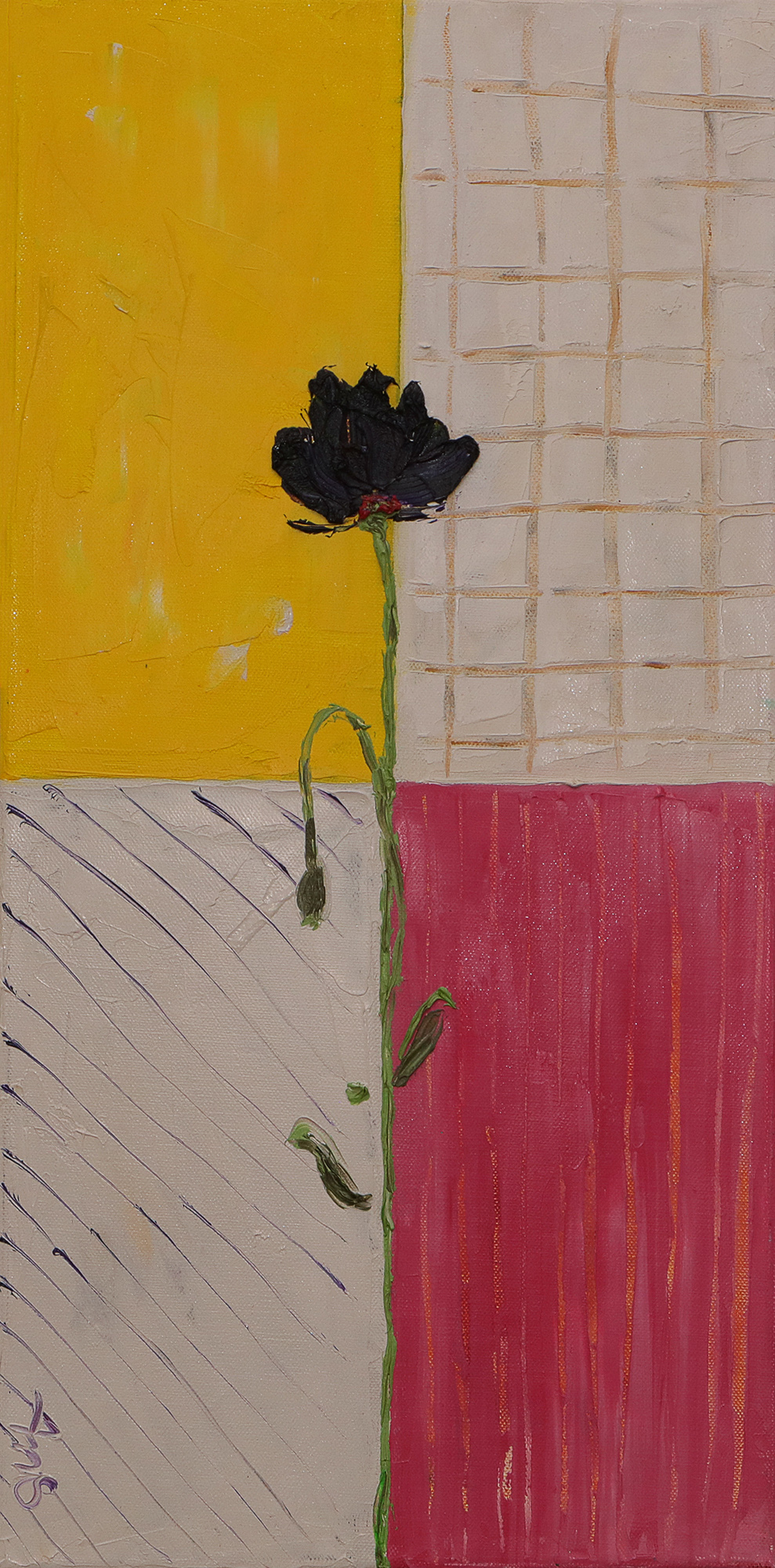 Gemaelde schmal Hochformat gelb pink weiss Korn Blume Mohn Tulpe Linien Streifen