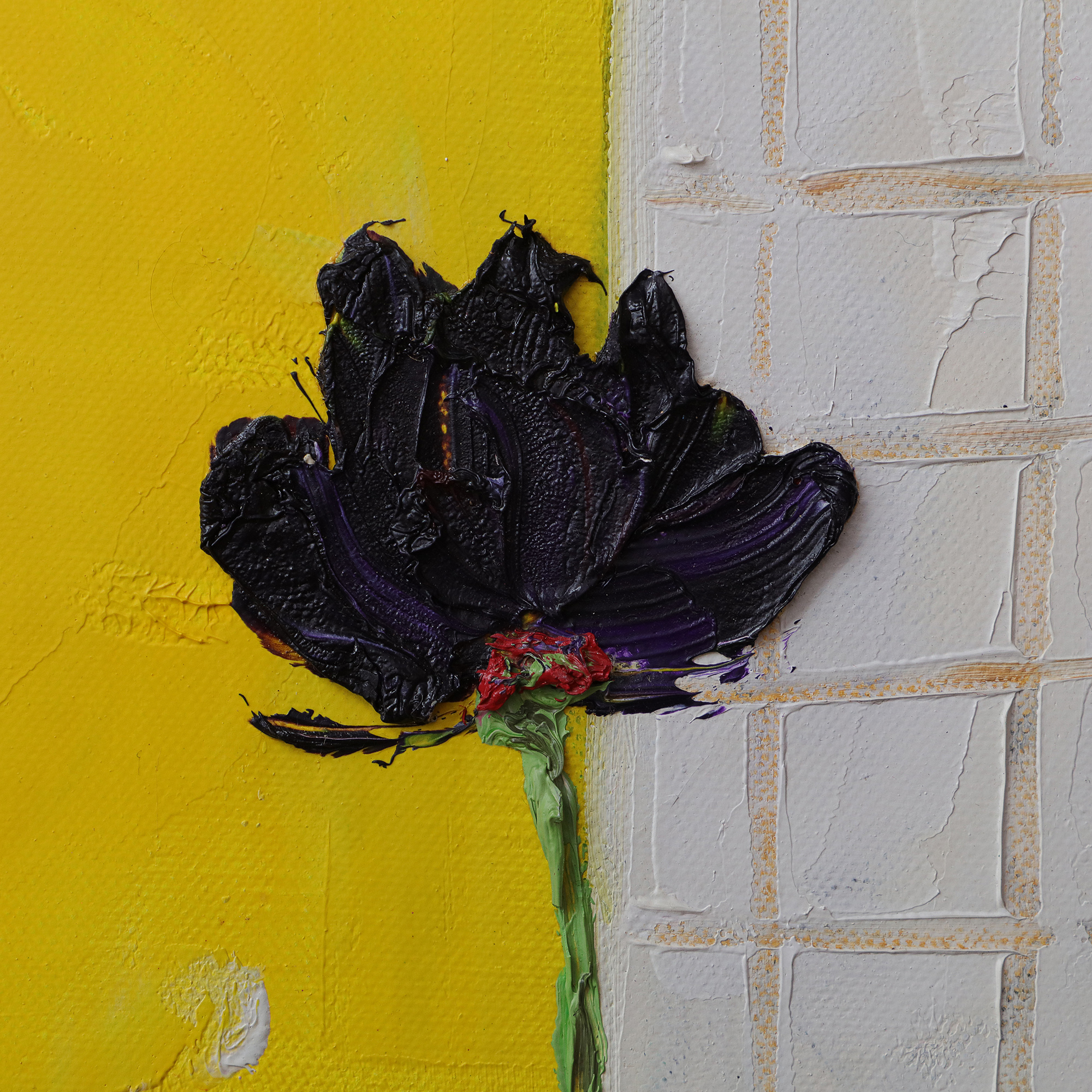 Detail Gemaelde schmal Hochformat gelb pink weiss Korn Blume Mohn Tulpe Linien Streifen