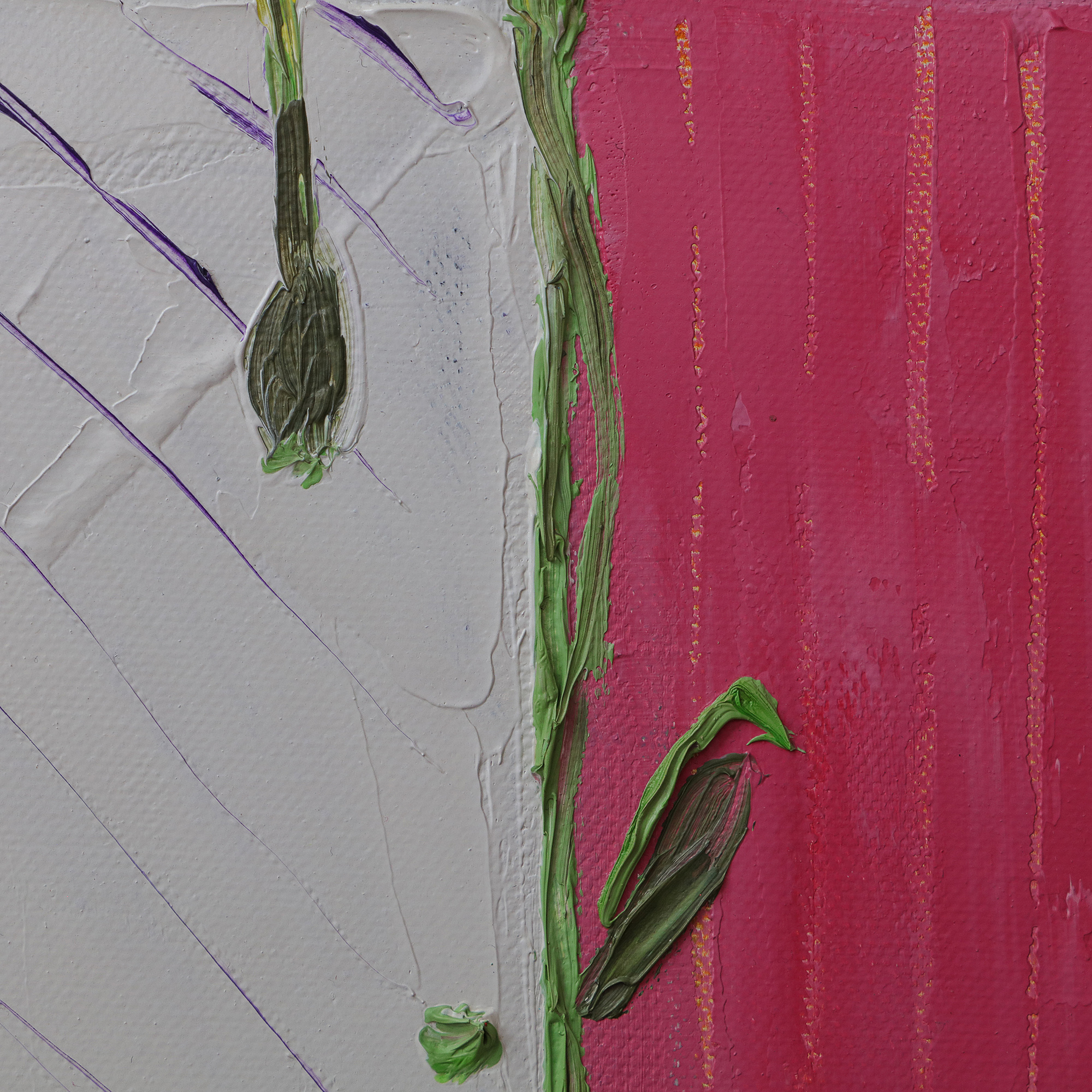 Detail Gemaelde schmal Hochformat gelb pink weiss Korn Blume Mohn Tulpe Linien Streifen