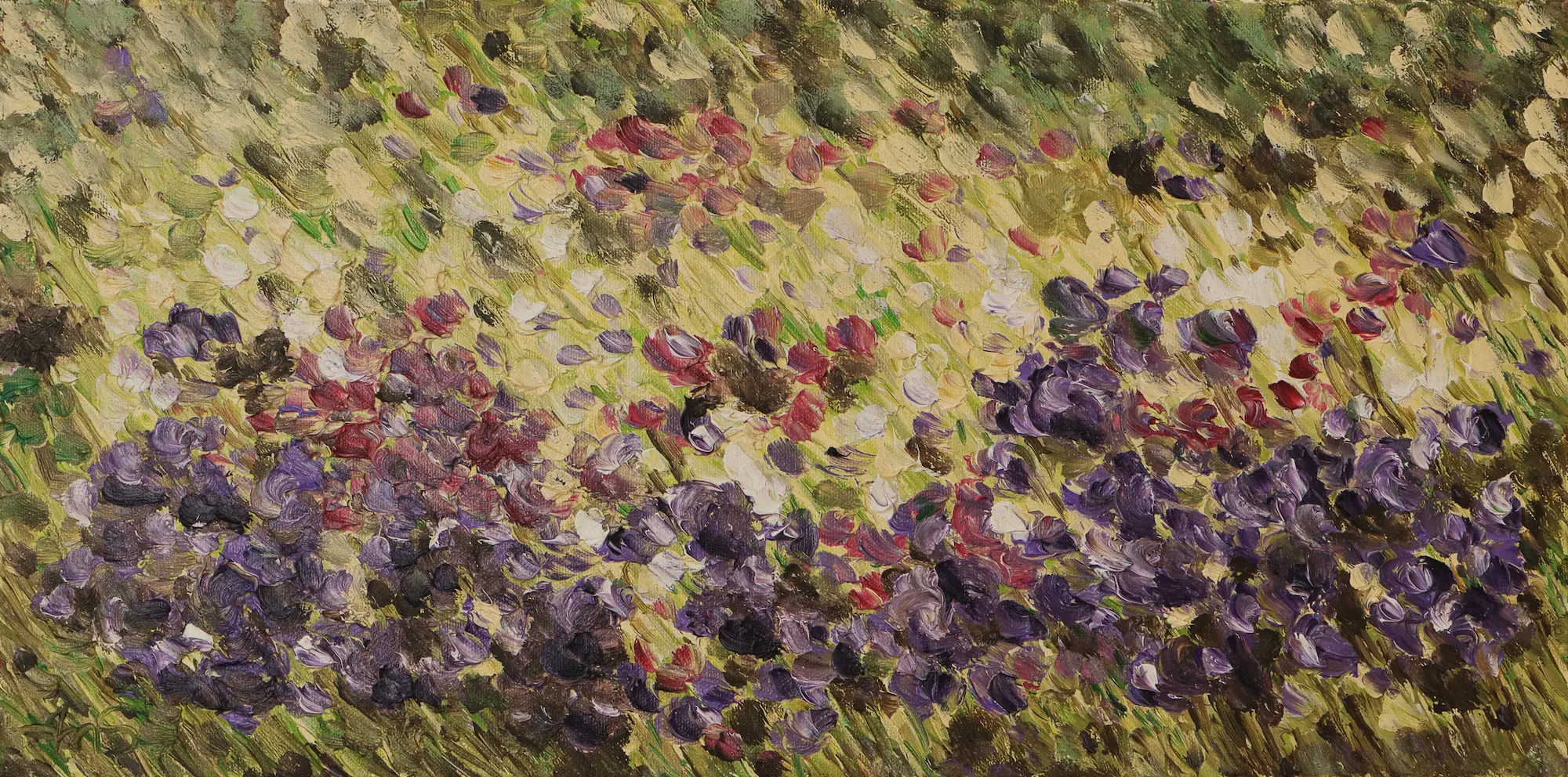 Gemaelde Wand Bild Blumen Wiese hell pastell gelb lila gruen pastos abstrakt Art