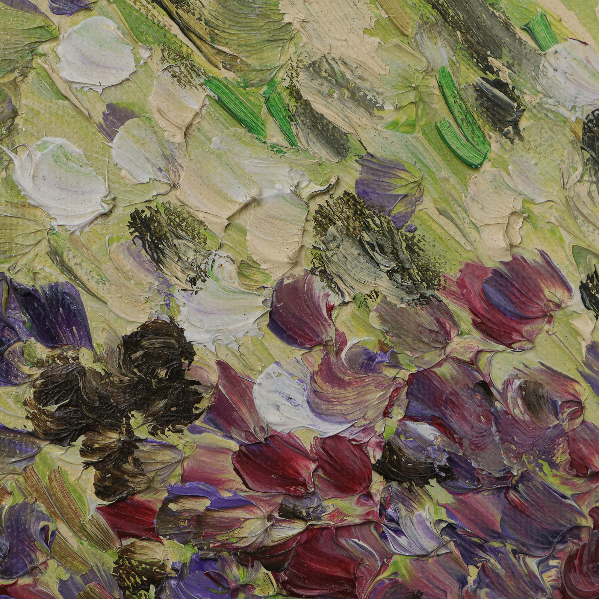 Detail Gemaelde Wand Bild Blumen Wiese hell pastell gelb lila gruen pastos abstrakt Art