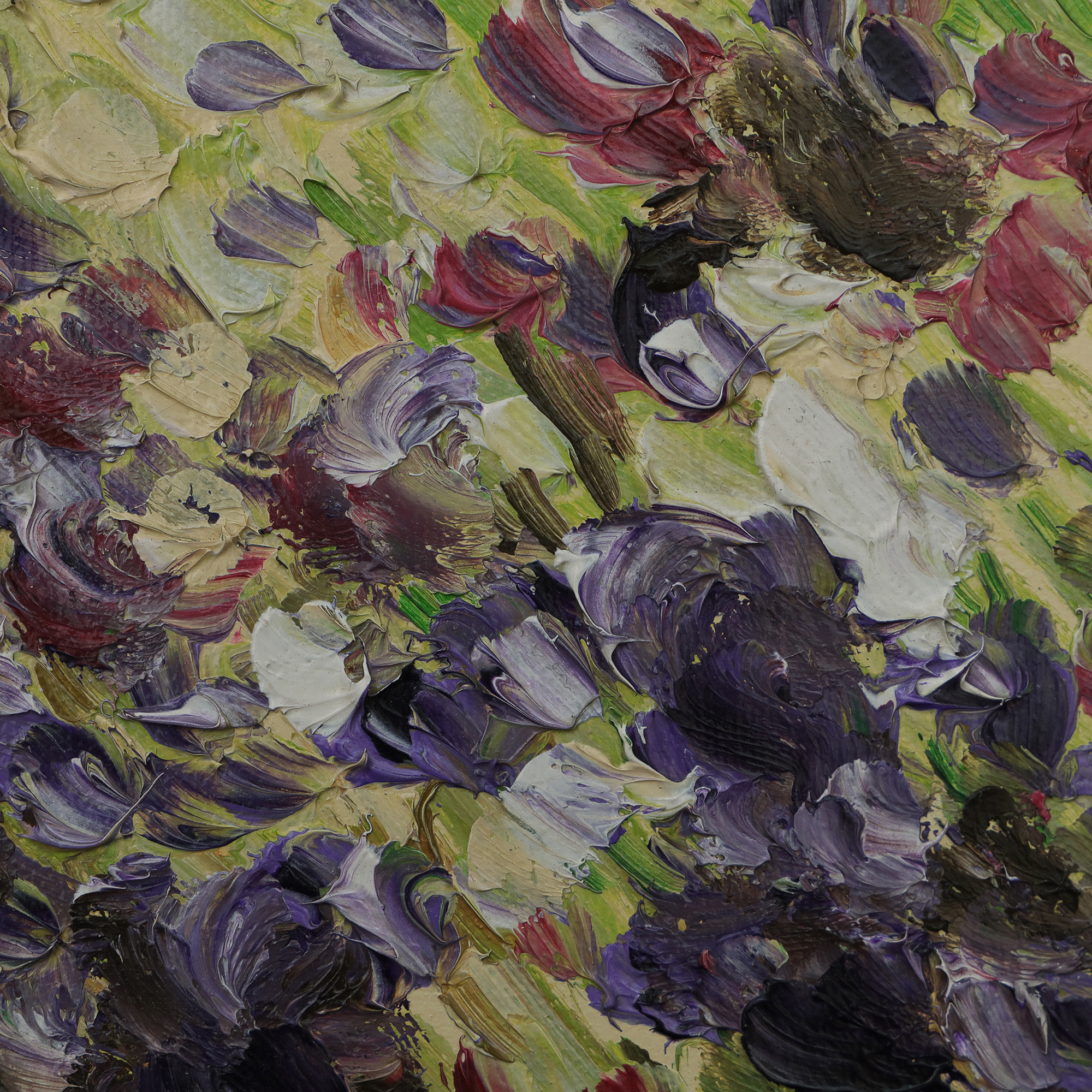 Detail Gemaelde Wand Bild Blumen Wiese hell pastell gelb lila gruen pastos abstrakt Art