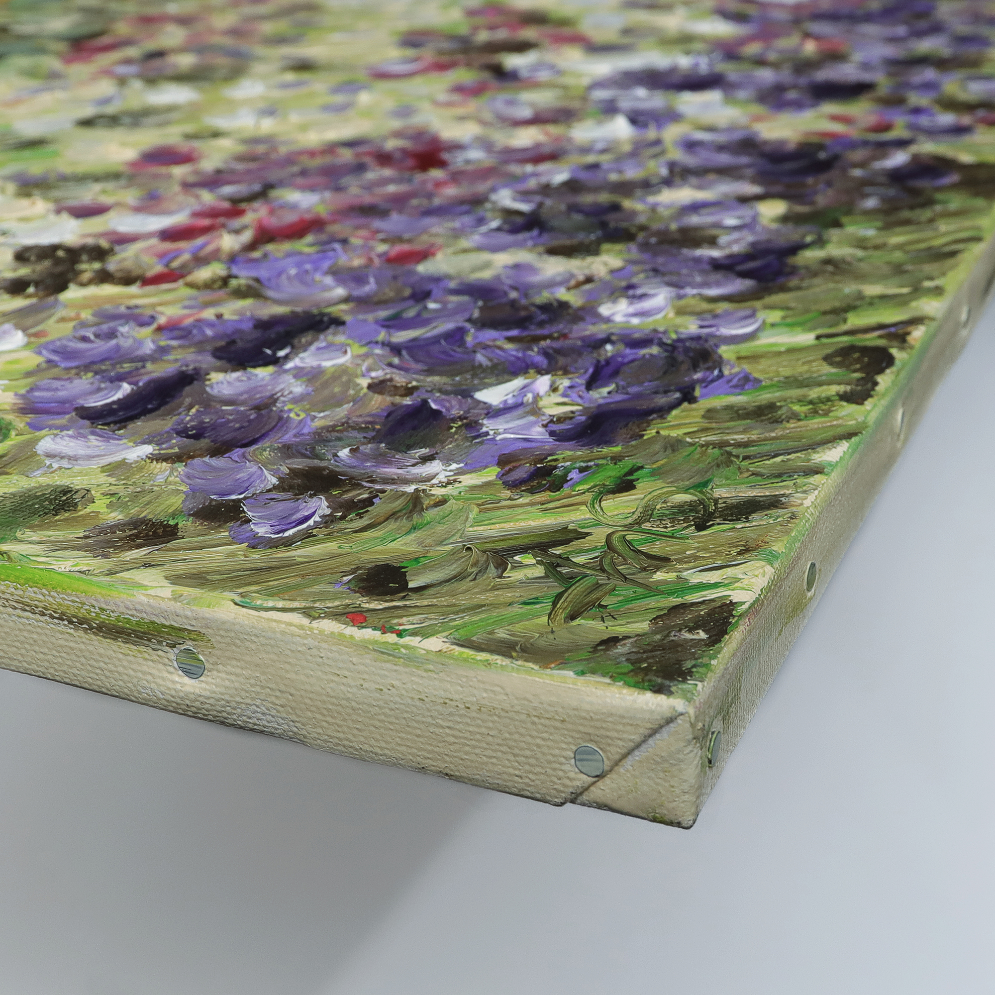 Detail Gemaelde Wand Bild Blumen Wiese hell pastell gelb lila gruen pastos abstrakt Art