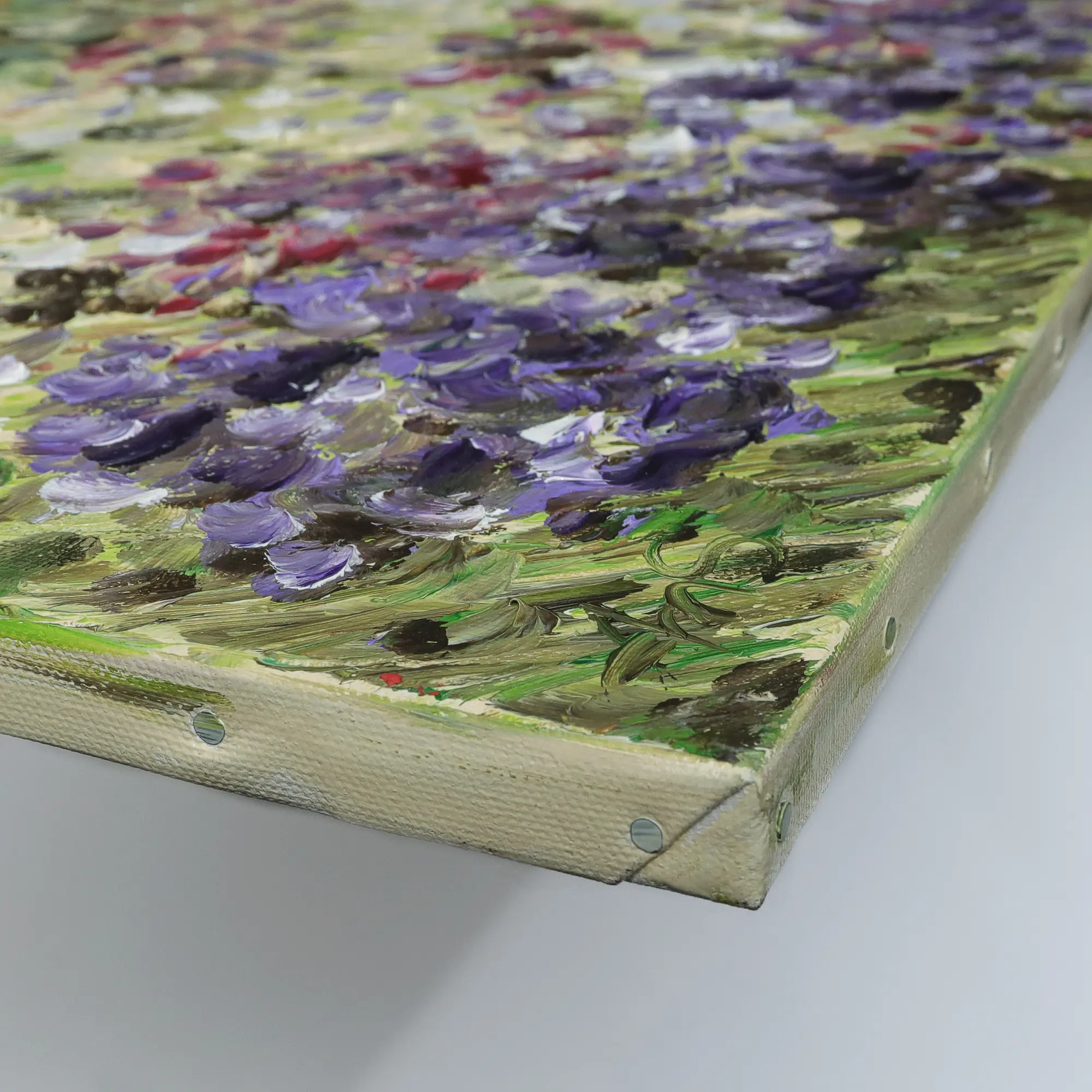 Nahaufnahme Gemaelde Wand Bild Blumen Wiese hell pastell gelb lila gruen pastos abstrakt Art